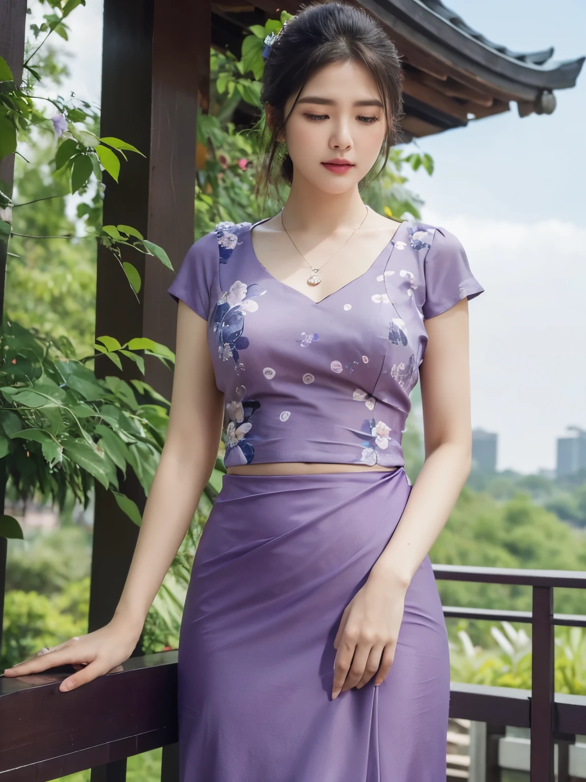 high-definition images, atmospheric perspective, 8k, super detail, accurate, best quality, angle from below, a woman, drooping eyes, sleepy face, blush,(floral purple dress),necklace, standing portraits ,day scene, pagoda view, hair up, acmm's outfit, black acmm's top , black printed acmm's skirt,