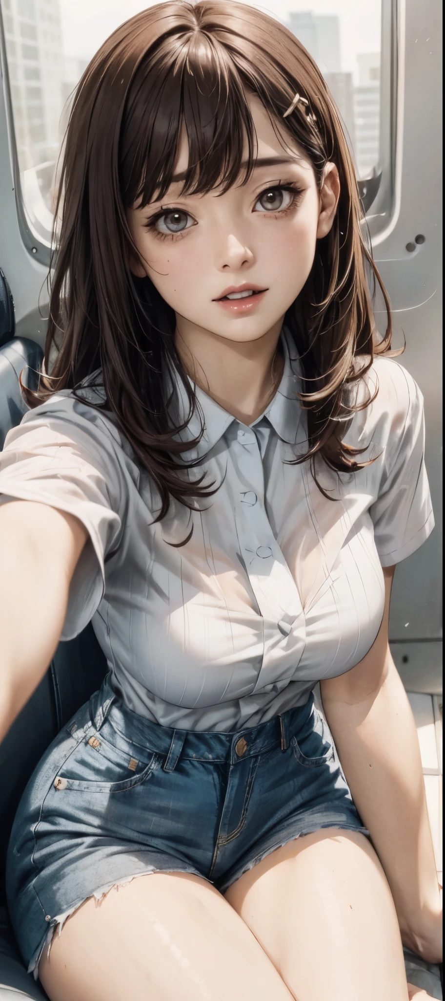 girl in summer clothes, white blouse, light blue shorts, pantyhose or long stockings, making like she wants to kiss you, view from viewer, medium breasts, cleavage, random background, flirtatious look, ((very detailed)), (perfectly detailed face), (well detailed hand) photorealistic image, ahegao