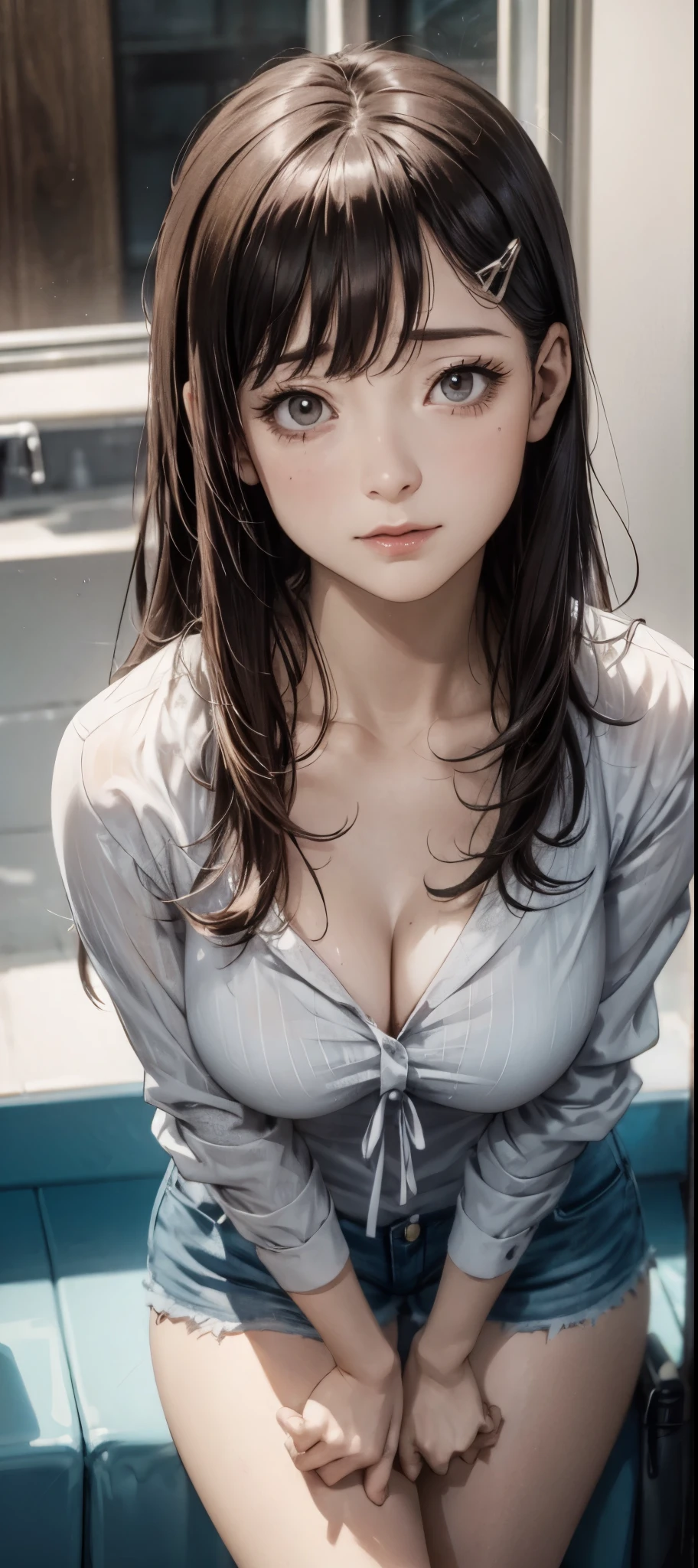 girl in summer clothes, white blouse, light blue shorts, pantyhose or long stockings, making like she wants to kiss you, view from viewer, medium breasts, cleavage, random background, flirtatious look, ((very detailed)), (perfectly detailed face), (well detailed hand) photorealistic image, ahegao