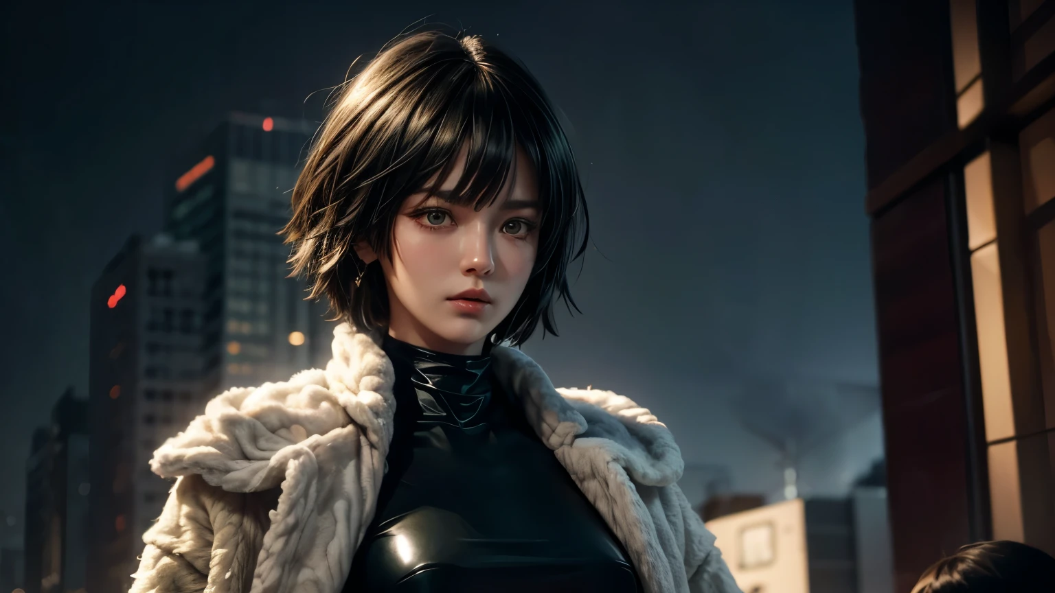 there is a woman with a fur coat and a belt, anime girl in real life, photorealistic anime girl render, ig model | artgerm, fubuki from one punch man, green hime cut hair, with short hair, realistic artstyle, masayoshi suto and artgerm, 8k, High quality image, masterpiece, detailed hair texture, detailed skin texture, detailed cloth texture, 8k, add fabric details, ultra detailed skin texture, ultra detailed photo, skin pores, cloth details, high skin details, realistic hair details, dramatic light, a woman, looking at the viewers.