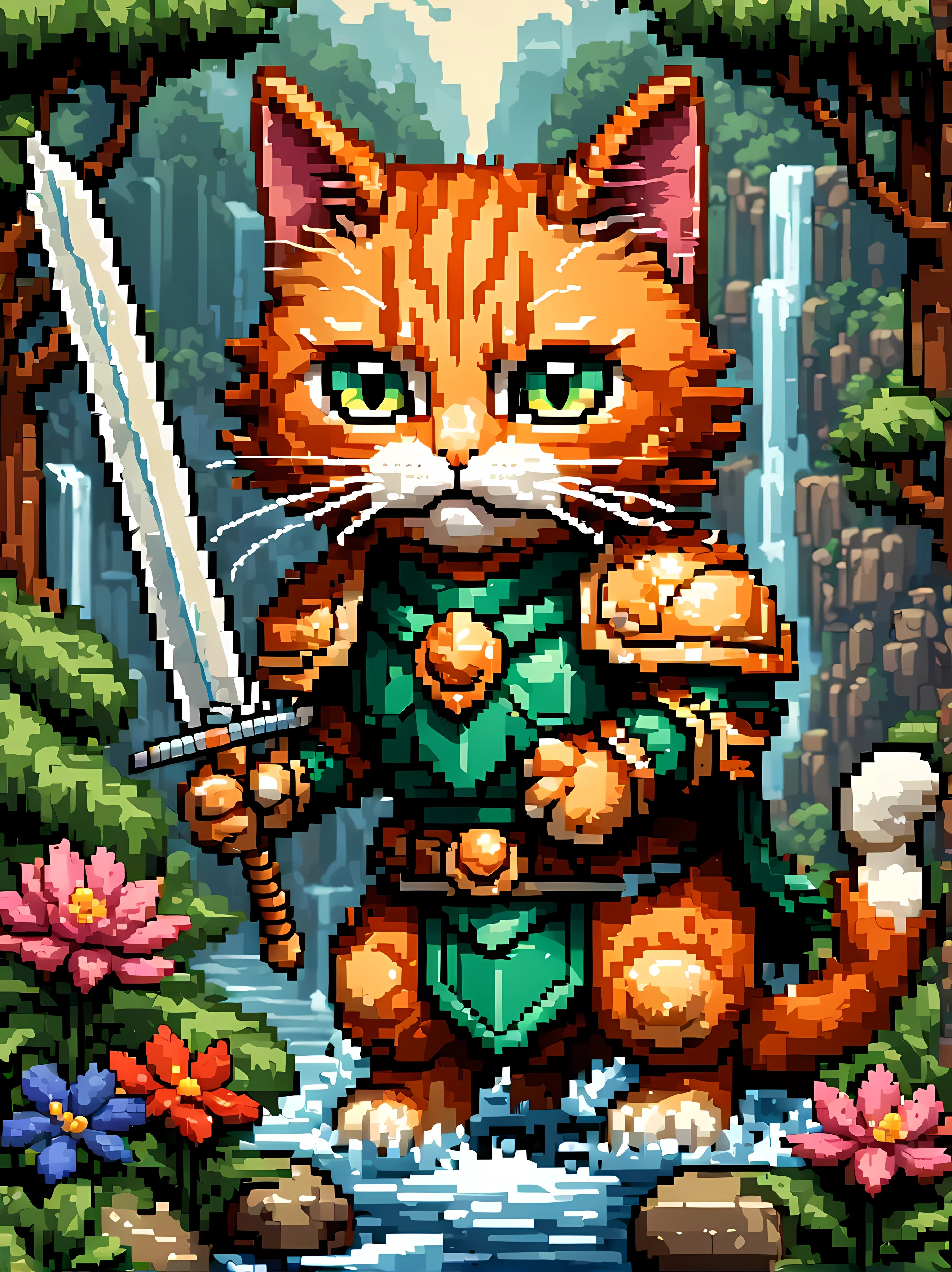 Create a (pixel art:1.4) masterpiece in a maximum resolution of 16K. The artwork should feature a (heroic ginger cat) warrior, depicted in a mid-shot front view. This feline hero should be adorned in a legendary armor, shimmering with intricate details and glowing gemstones. The cat should be holding a gleaming sword and a large emerald shield, looking directly at the viewer with determination and courage. The setting is a serene landscape near a gracefully cascading waterfall, its water sparkling with magical energy. This scene is further enhanced by the surrounding vibrant flowers and fluttering butterflies. | ((More_Detail))