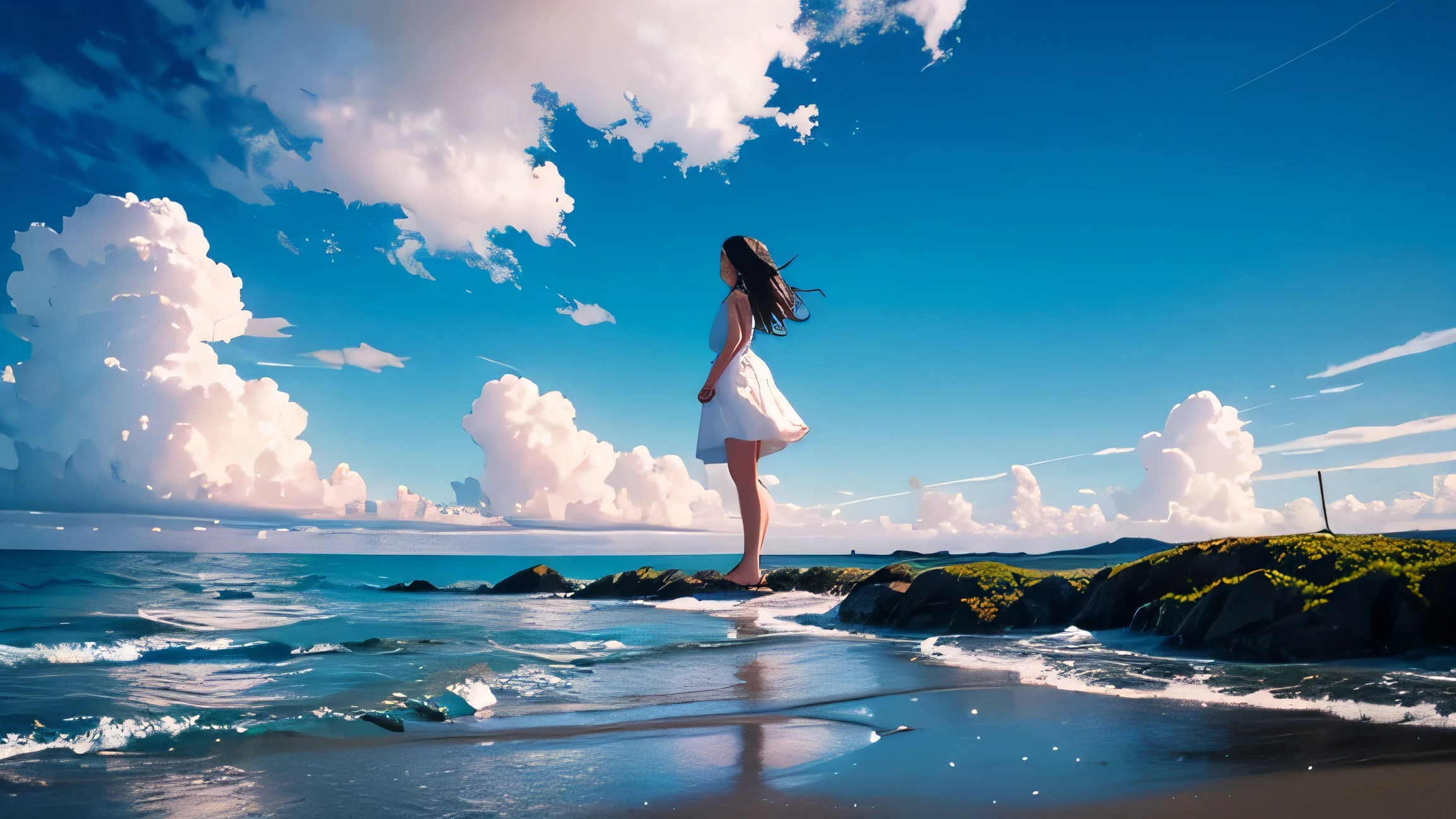 vast landscape photography, Girl standing on the sand beach looking up at the sky, white dress, stretch your back, cloud, Ocean, blue sky, from below,