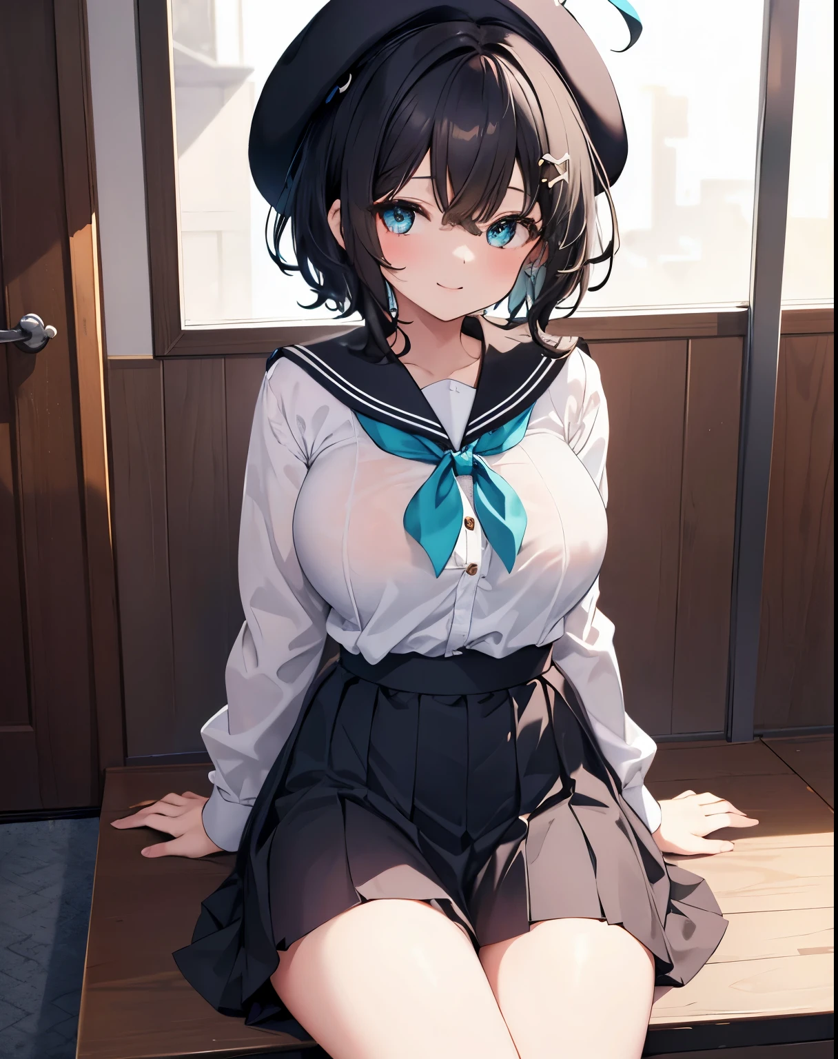 masterpiece,1girl, sparrow, a black haired girl, wearing a sailor uniform, curly short hair, messy hair, black skirt, slim body, big breasts, she close her left eye, shirt ornament, ppai, plain expression, beautiful breasts, rounded breasts, aqua eyes, dress, miniskirt, sit at calssroom, ahoge, beret, cheerful smile