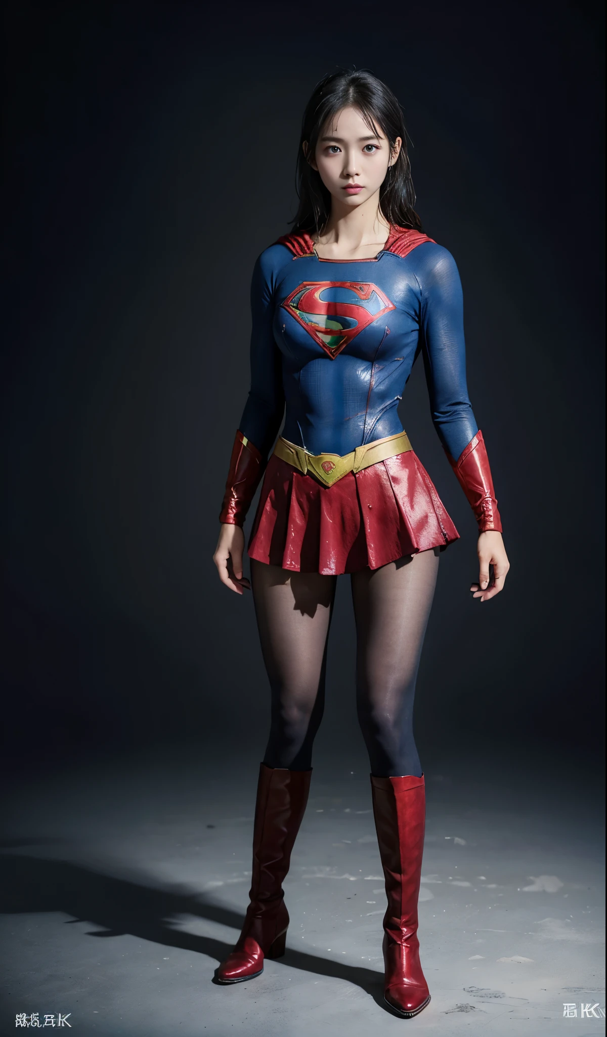 no background、(((Legally Express Your Suffering Beauty)))、((((Make the most of your original images)))、(((supergirl costume)))、(((beautiful hair)))、(((suffering)))、(((Beautiful legs must wear black tights)))、(((must wear red boots)))、((best image quality、8K))、((highest quality、8K、masterpiece:1.3))、(((keep background )))、sharp focus:1.2、beautiful woman with perfect figure:1.4、thin abs:1.2、wet body:1.5、Highly detailed face and skin texture、8K