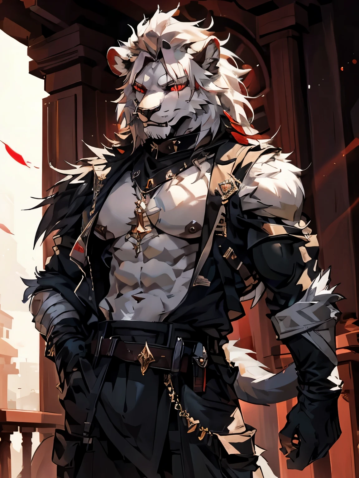 male, furry, Lion anthro, solo, white fur, red eyes, (Realistic eye details 1.2), mafiawear, abs, Masterpiece, dramatic lighting, soft lighting, day, highly detail, Hair coiled, detail fur, perfect body,