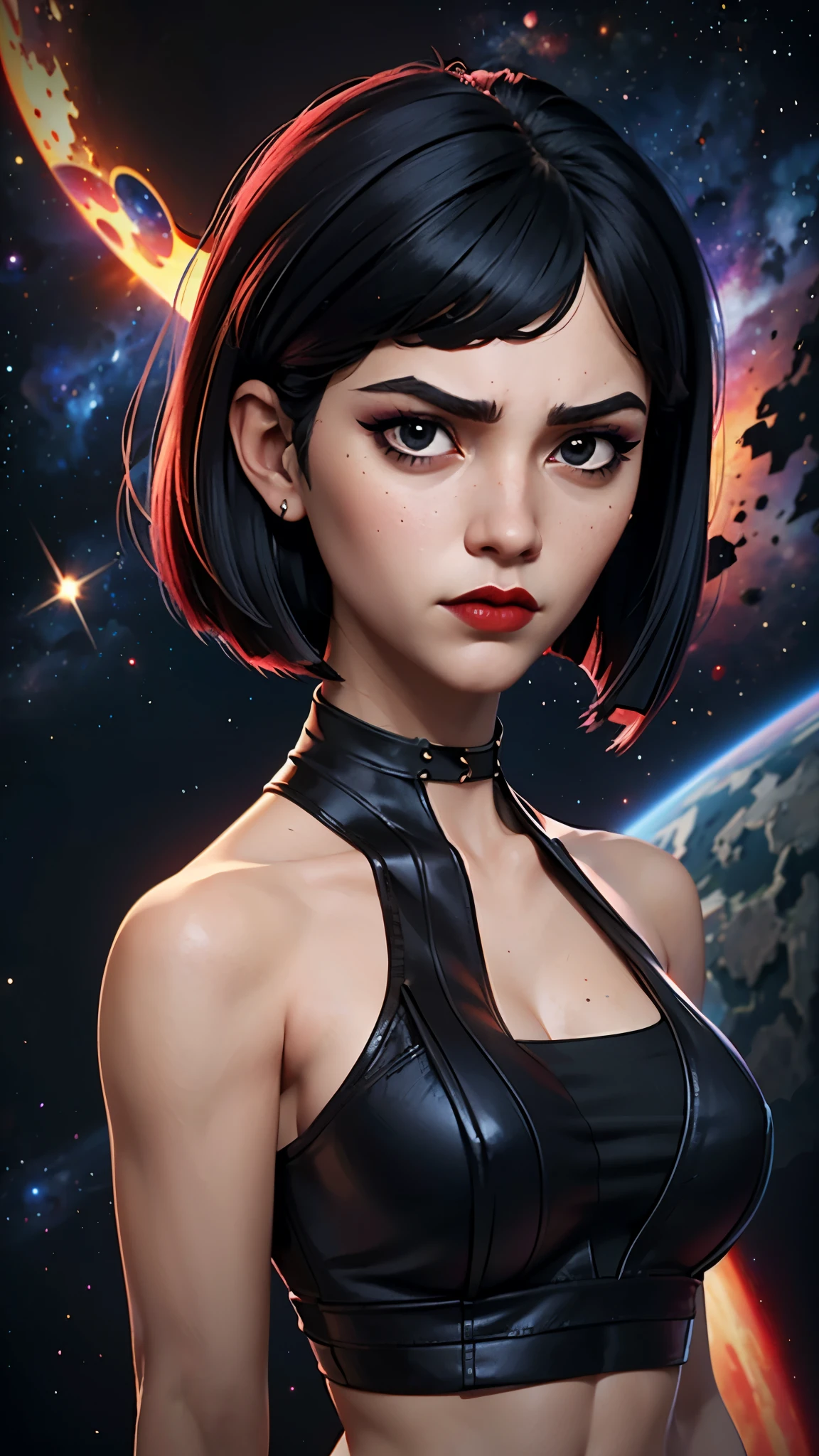 one girl, bust close up, soviet union, black hair, bob cut, black eyes, red background, proud stance, space thriller movie poster, abstracted, constructivism, space, serious face, evil mistress, villain, makeup, red lipstick, crop top, cleavage, big cleavage, black hole, (bare shoulders:1.2)