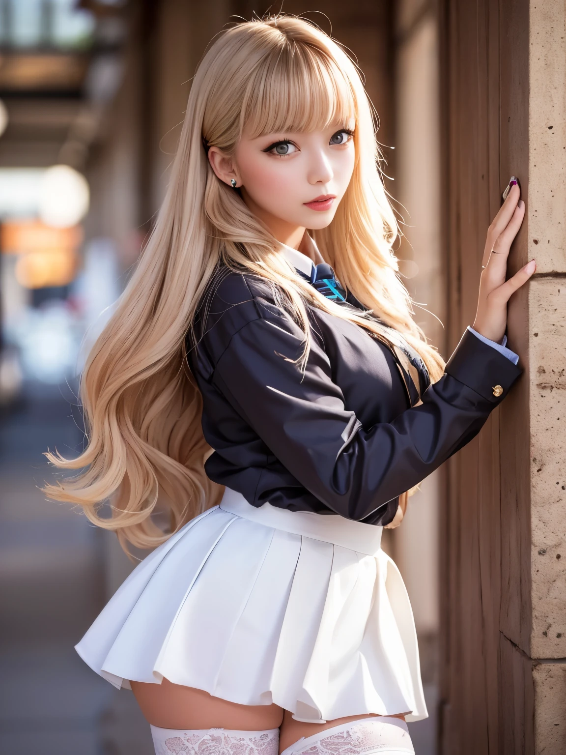 (highest quality,4k,masterpiece:1.2),Beautiful woman,1 girl,sexy:1.1,dark yellow hair:1.1,woman wearing school uniform,soaking wet uniform,super detailed face,lip details,fine eyes,double eyelid,miniskirt white stockings,stand up