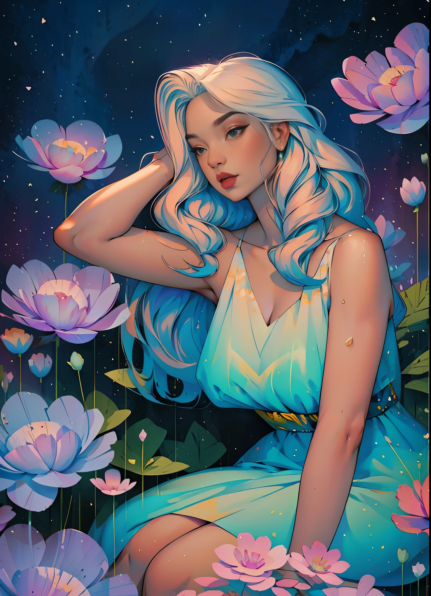 peony/lotus/cornflower/wheat/mallow/ chamomile/poppy/Wildflowers,professional,abstract beauty,approaching perfection,Dynamic,Highly detailed,digitally painted,Artstation,Concept art,Smooth,sharp-focus,an illustration,Artists: by Carne Griffiths, Wadim Kashin,leonid afremov,kandinsky,Psychedelic,watercolour,crystals foil,stylish,fantastic,gold,colorful neon, s face, waist-high, portrait of a, up close, near, close up, queen, a goddess, A glorious sunrise, aura, glow, multi-colored bright aurora borealis, Spectrum Rainbow,Colored feathers, In a chic, lavender white mint hair, pastel, mixed-language_SMS, (beautiful and clear background:1.2),, fantastic paintings , olhos altamente detalhados, crystals, outer space, galaxy, Gorgeous hair, Background Flora Peony, poppy, hydrangea, Plants. Loving. Love. ultra detail hair, Best Quality, high qulity, high resolucion, detail enhancement, ((most beautiful image in the world)), Masterpiece, Best Quality, High Quality Detail Enhancement, ((most beautiful image ), Shiny hair, Ultra chic lace panties, Stampa Flores, art by stjepan sejic, art by j scott campbell, art by guillem march, art by citemer liu, 4k, high resolucion, comic book character, comic, high quality detailed, style of ::2.0 comix illustration style,tatoon style, high qulity, high resolucion, detail enhancement, 8K, HD, Best Quality, high qulity, high resolucion, detail enhancement, 8K, HDR, sharp-focus, Ultra Detailed, perfect lighting, Curvy Body, Lush big breasts, Curvy big hips, On Bed, sparks, Stars, The Cycle of the Stars