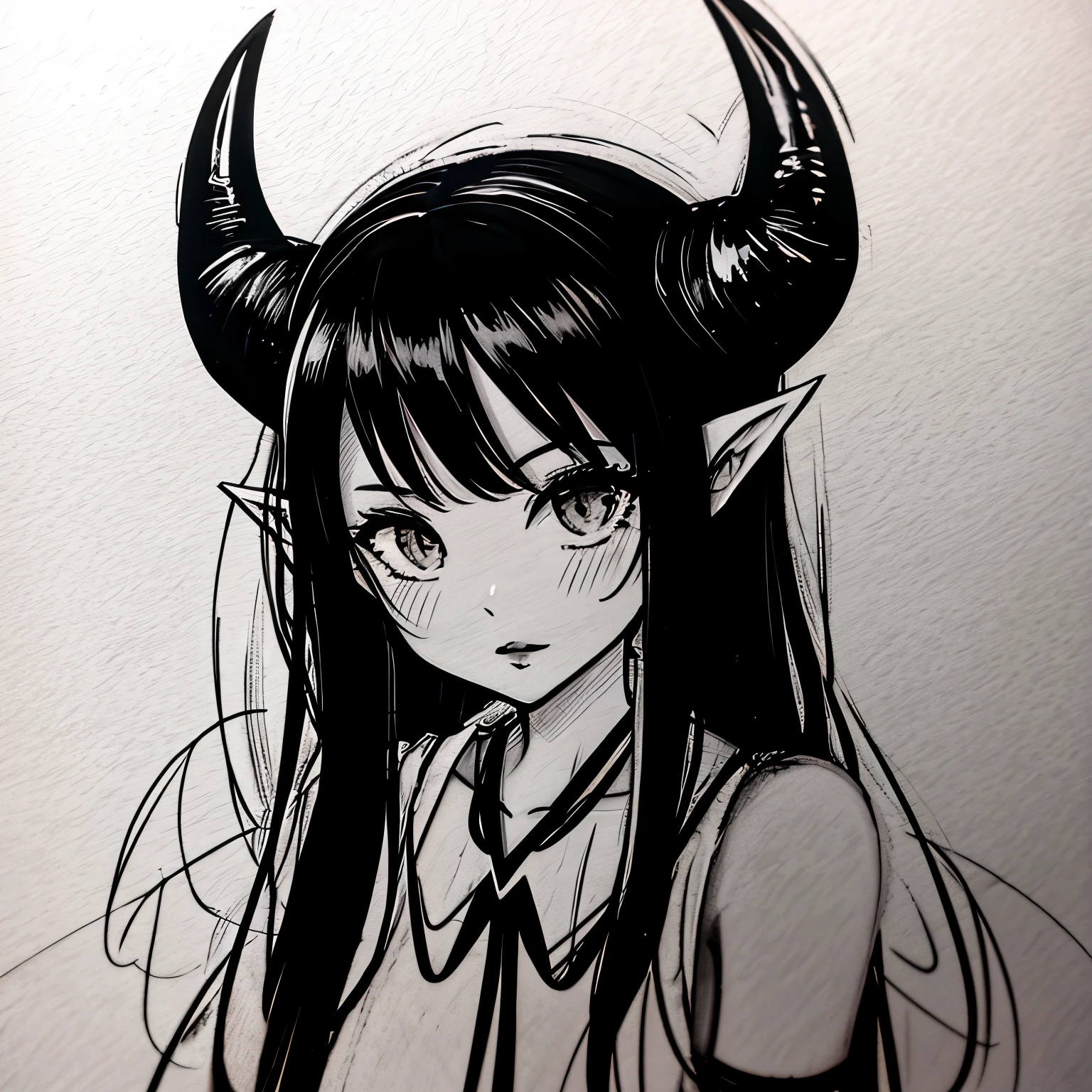 make a horror portrait of a devil horned girl in black and white colors