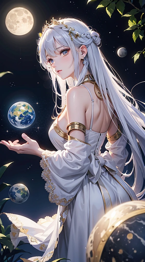 High resolution,((universe)),goddess,artemis,silver hair,long hair,goddessの衣装,no gravity, bright colors, dreamy atmosphere, enchanting eyes, mysterious atmosphere,fantastic lighting, intricate details, fantastic scene, enchanting beauty, mysterious color,,((has the earth and the moon))