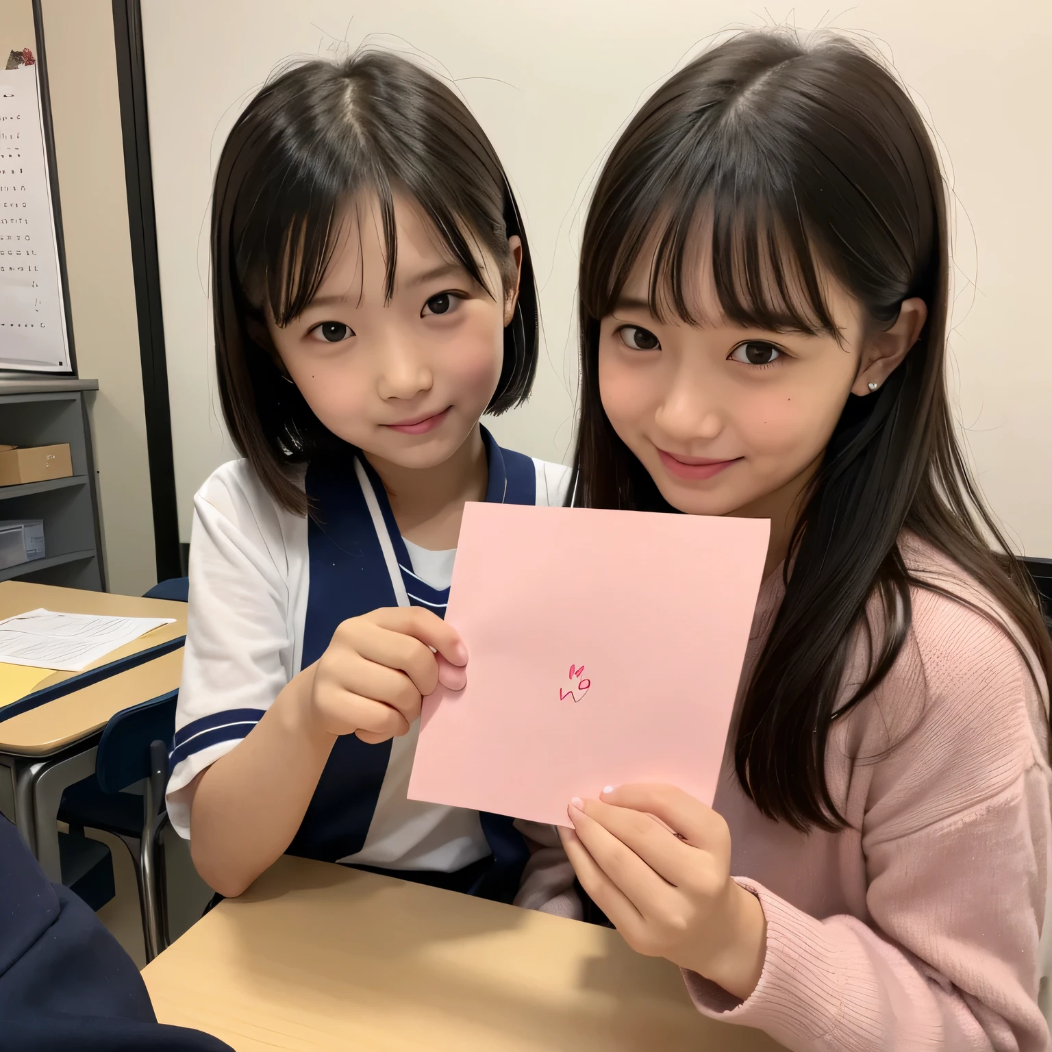 realistic pictures、Highest品質、ultra high resolution、Professional specifications、((とてもロリなprimary school studentの姉妹が手紙を差し出す))、(((Hold the letter with both hands)))、school classroom、sailor suit、belly button、short skirt、primary school student、con、Highest、10 ye confession、pink square letters、Very embarrassed、blush、