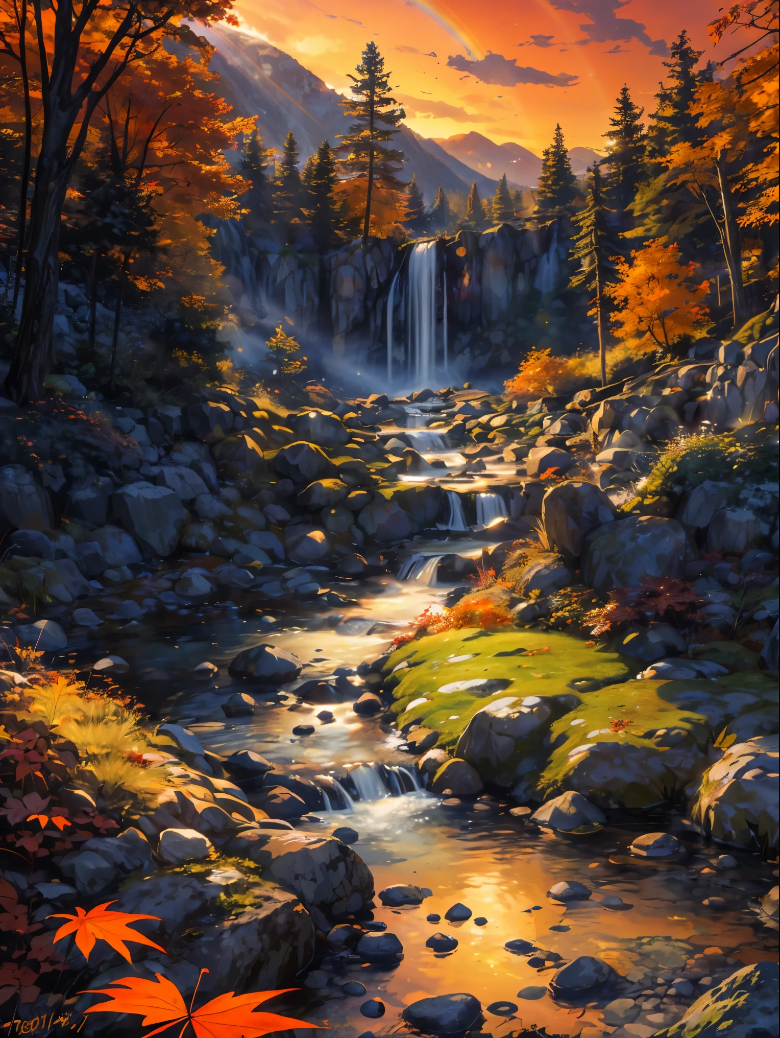 masterpiece,best quality,lycoris,Rocky valley, waterfall,small stream,depth of field,dusk,orange sky,sunset,glow, glowing rainbow over stream,autumn,maple,fallen leaves, mountain ((tileset))