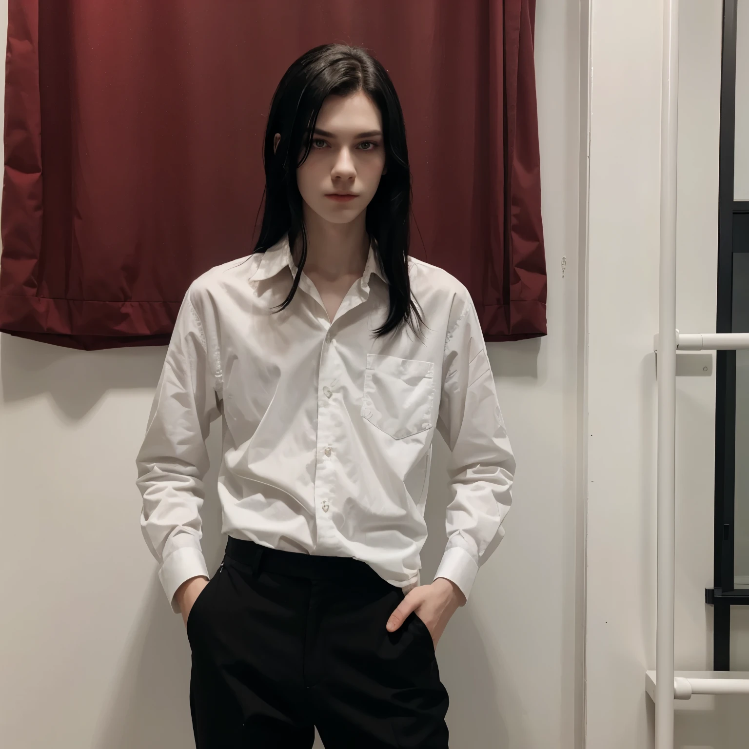 a tall somewhat feminine boy with black hair, red eyes, pale skin, dressed in black pants and a white shirt