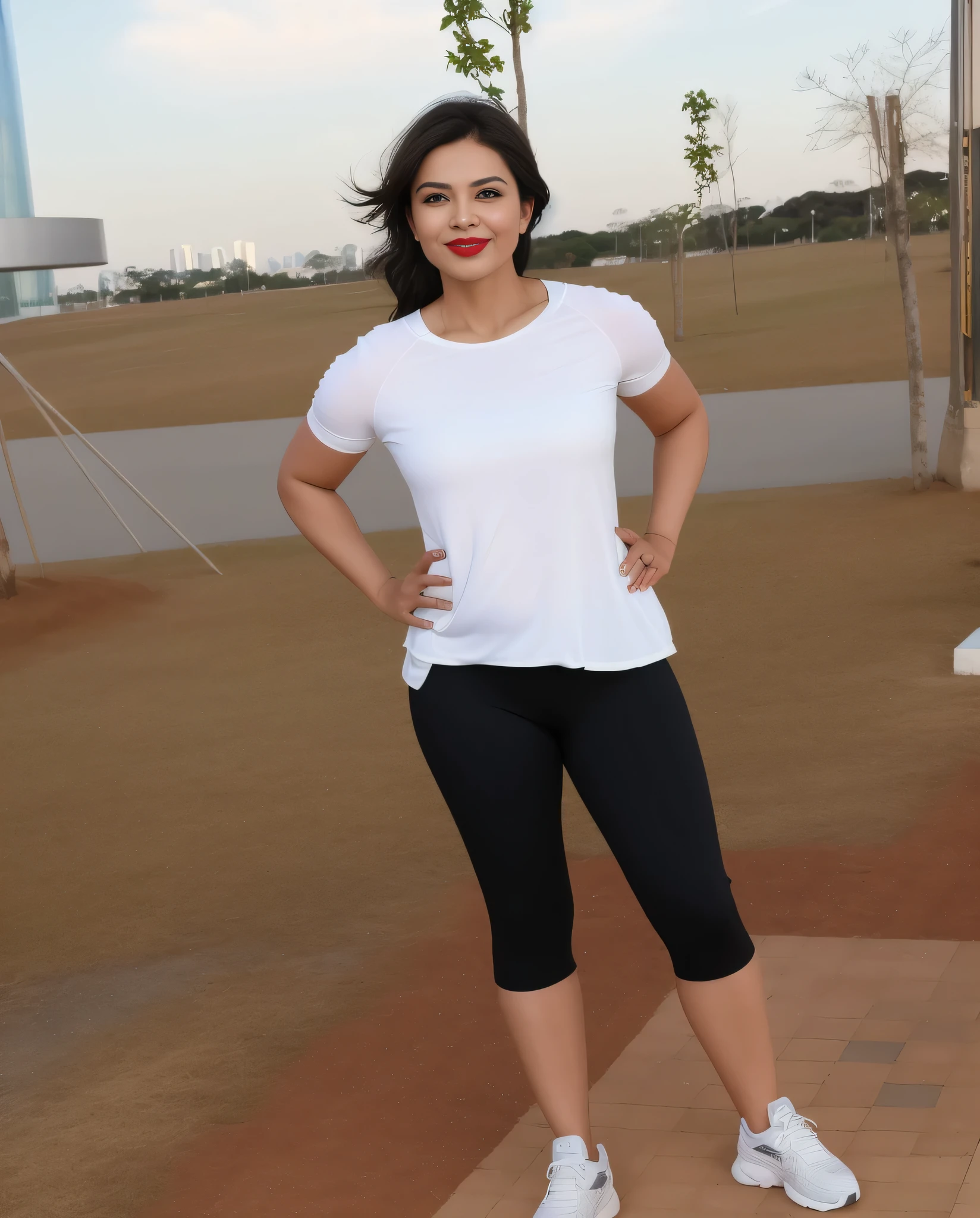 smiling woman in a white shirt and black shorts standing on the sidewalk, student, walking proudly down the street, in front of an inn, in the background, beautiful scenery. She is 155 cm tall and around 40 years old. A woman with tanned white skin and dark hair. She is around 40 years old. She has slightly full lips and dark brown eyes. Perfect body, slim body, slim waist. tanned skin, soft lips, red lipstick, a feeling of lightness and joy, hyperrealism, very elaborate skin. Fitness woman, fit woman, physically fit woman, full body photo, clear photo, high quality, high resolution, masterpiece, 8K.