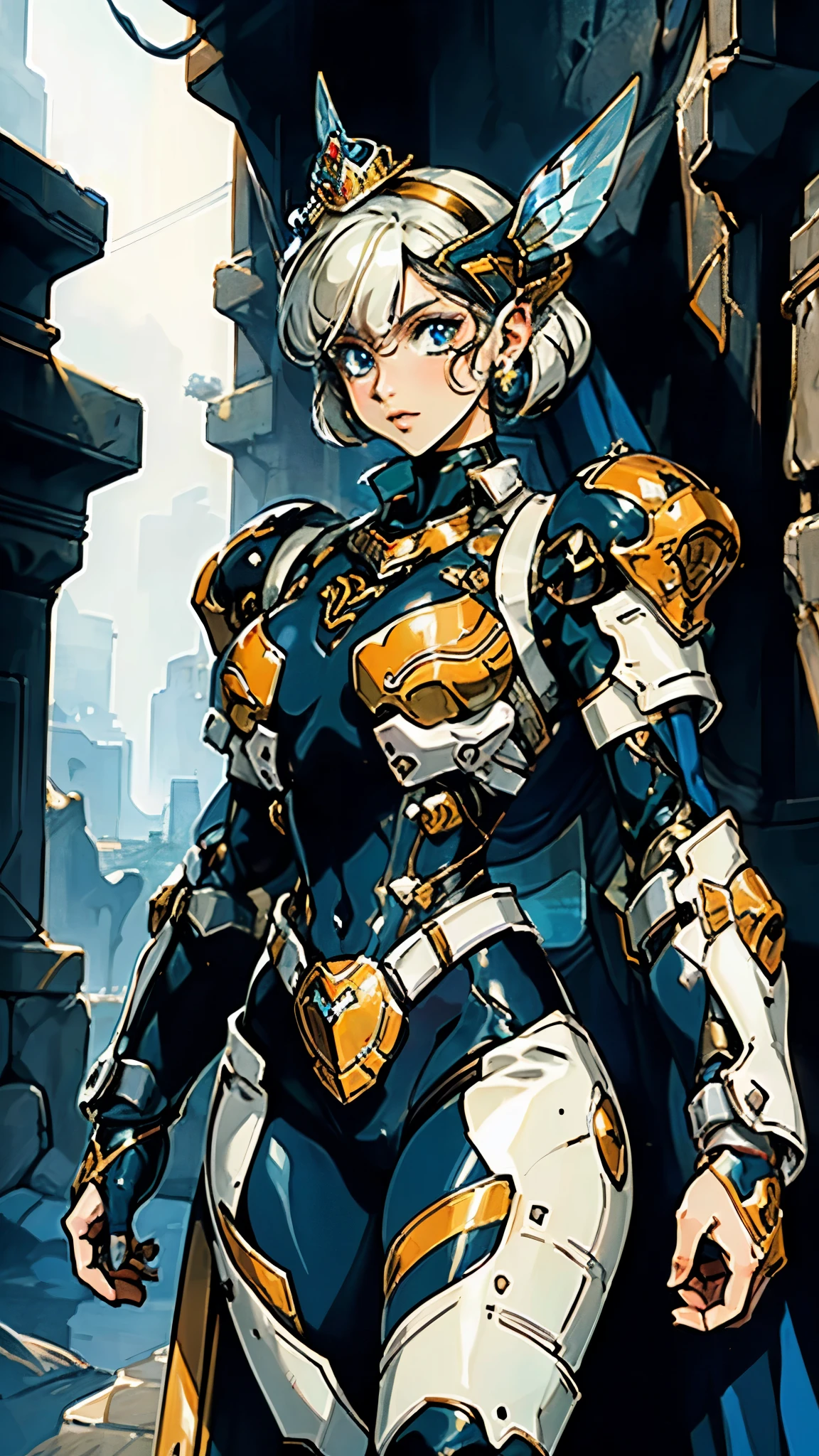 A woman adorned in fantasy-style full-body armor, a crown-concept fully enclosed helmet that unveils only her eyes, a composite layered chest plate, fully encompassing shoulder and hand guards, a lightweight waist armor, form-fitting shin guards, the overall design is heavy-duty yet flexible, (the armor gleams with a golden glow, complemented by red and blue accents), exhibiting a noble aura, she floats above a fantasy-surreal high-tech city, this character embodies a finely crafted fantasy-surreal style armored hero in anime style, exquisite and mature manga art style, (mixture of Queen bee and Spider concept Armor, plasma), ((Element, elegant, goddess, femminine:1.5)), metallic, high definition, best quality, highres, ultra-detailed, ultra-fine painting, extremely delicate, professional, anatomically correct, symmetrical face, extremely detailed eyes and face, high quality eyes, creativity, RAW photo, UHD, 32k, Natural light, cinematic lighting, masterpiece-anatomy-perfect, masterpiece:1.5