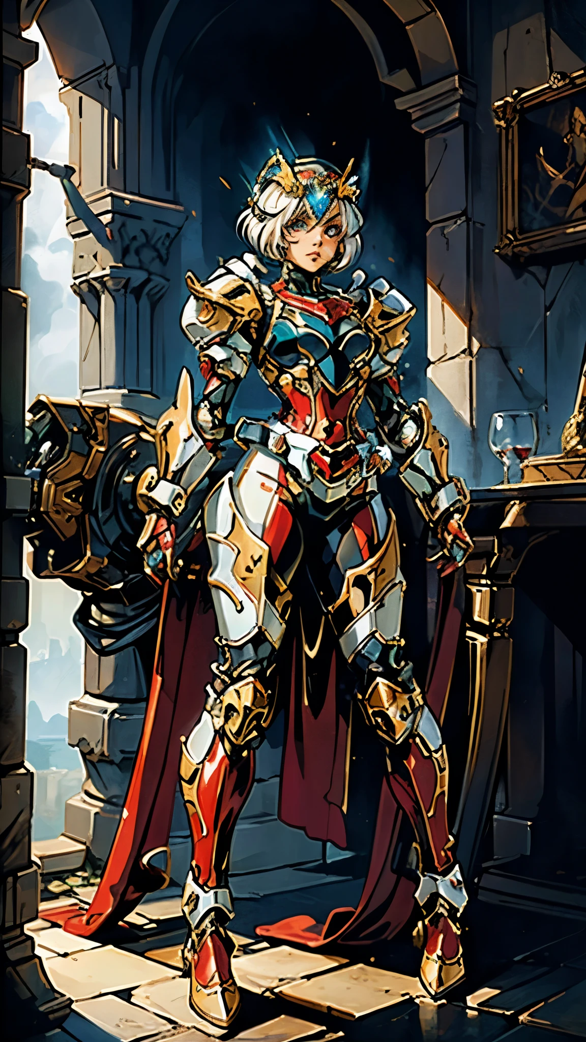 A woman adorned in fantasy-style full-body armor, a crown-concept fully enclosed helmet that unveils only her eyes, a composite layered chest plate, fully encompassing shoulder and hand guards, a lightweight waist armor, form-fitting shin guards, the overall design is heavy-duty yet flexible, (the armor gleams with a golden glow, complemented by red and blue accents), exhibiting a noble aura, she floats above a fantasy-surreal high-tech city, this character embodies a finely crafted fantasy-surreal style armored hero in anime style, exquisite and mature manga art style, (mixture of Queen bee and Spider concept Armor, plasma), ((Element, elegant, goddess, femminine:1.5)), metallic, high definition, best quality, highres, ultra-detailed, ultra-fine painting, extremely delicate, professional, anatomically correct, symmetrical face, extremely detailed eyes and face, high quality eyes, creativity, RAW photo, UHD, 32k, Natural light, cinematic lighting, masterpiece-anatomy-perfect, masterpiece:1.5