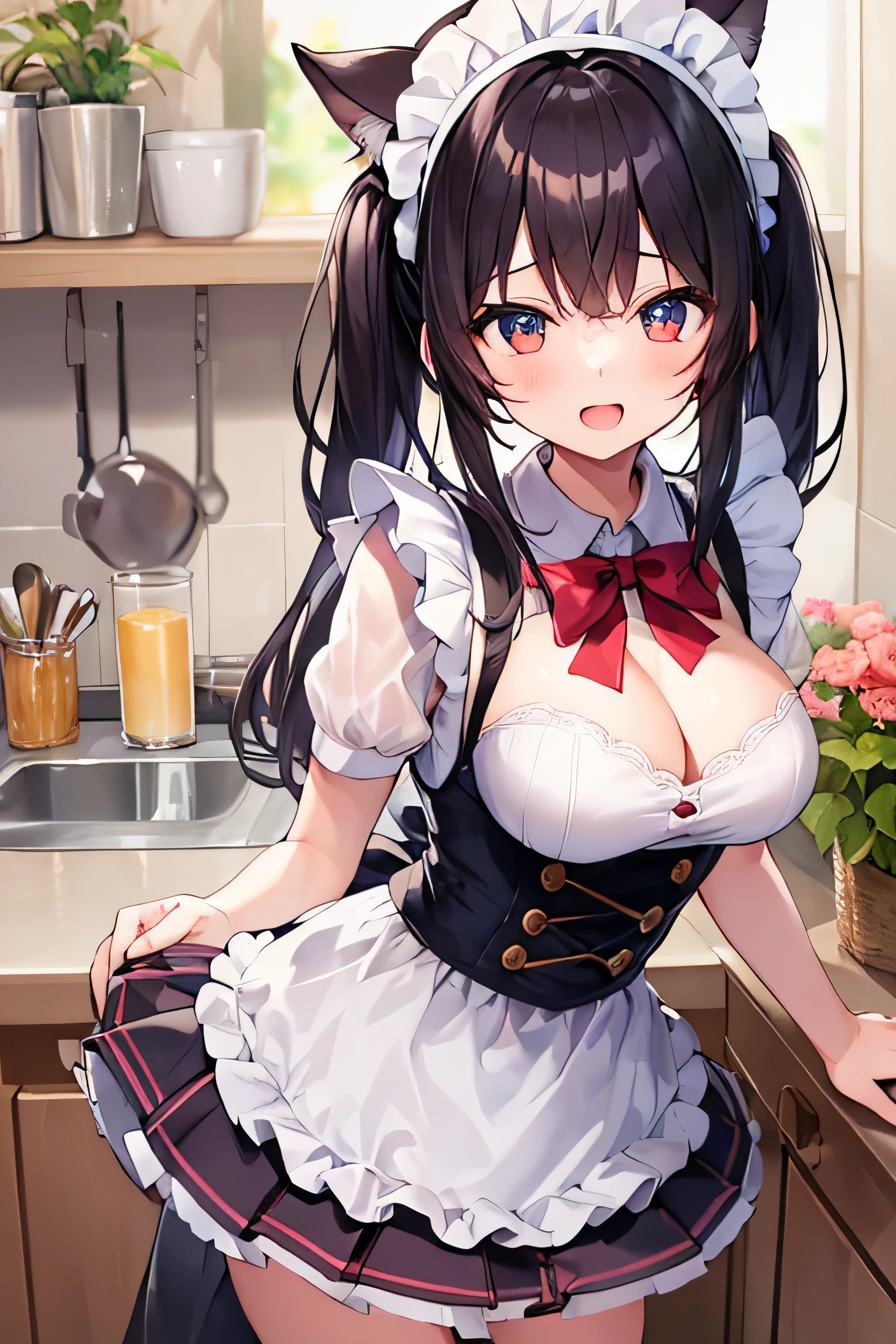masterpiece、Highest image quality、ultra high resolution、teen with big tits、twin tail hairstyle、black hair、red face、mock、Open your mouth just a little、Maid outfit that shows the cleavage of a teenage girl、Knee high socks for teenage schoolgirls、Maid headband for teenage schoolgirls、Inside the kitchen