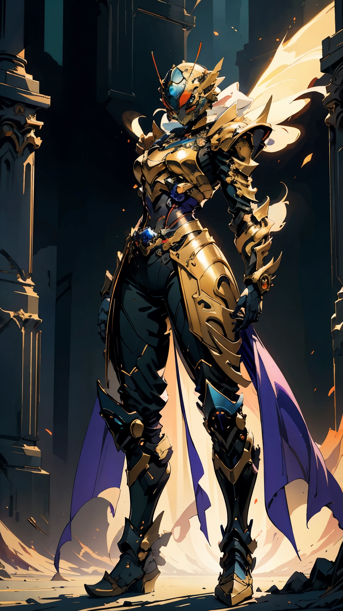 A woman adorned in fantasy-style full-body armor, a crown-concept fully enclosed helmet that unveils only her eyes, a composite layered chest plate, fully encompassing shoulder and hand guards, a lightweight waist armor, form-fitting shin guards, the overall design is heavy-duty yet flexible, (the armor gleams with a golden glow, complemented by red and blue accents), exhibiting a noble aura, she floats above a fantasy-surreal high-tech city, this character embodies a finely crafted fantasy-surreal style armored hero in anime style, exquisite and mature manga art style, (mixture of Queen bee and Spider concept Armor, plasma), ((Element, elegant, goddess, femminine:1.5)), metallic, high definition, best quality, highres, ultra-detailed, ultra-fine painting, extremely delicate, professional, anatomically correct, symmetrical face, extremely detailed eyes and face, high quality eyes, creativity, RAW photo, UHD, 32k, Natural light, cinematic lighting, masterpiece-anatomy-perfect, masterpiece:1.5