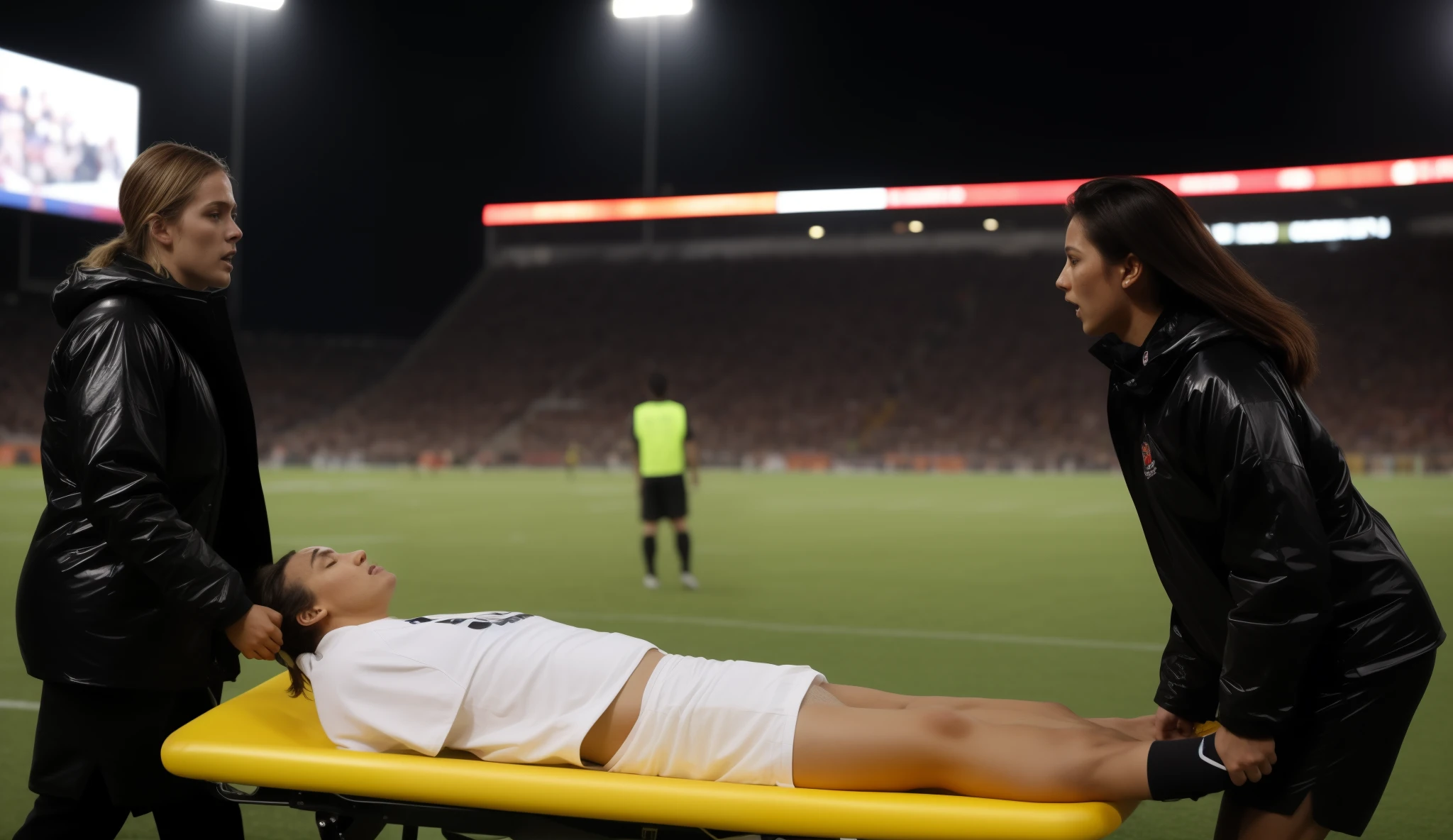 Soccer player is taken away on a stretcher, There is a man lying on his back on a stretcher with his hands grabbing his hurting leg, a man in a t-shirt and sports shorts has put his hands on his injured leg, the man has an agonised face looking to the sky, two horny looking longhaired and ponytailed women that are wearing very shiny coats, there are longhaired women with horny faces wearing laquered puffy coats, longhaired women are walking in wetlook puffy coats, several women walking around a football field with an injured athlete on a stretcher, the injured athlete on the stretcher is grabbing his injured leg with both hands, the women look very worried, behind the women there is a frightening atmosphere, there is heavy rainfall in the background, video still, behind the scenes, pity, china, erotic, horny, drama, very shiny orange vinyl fabric