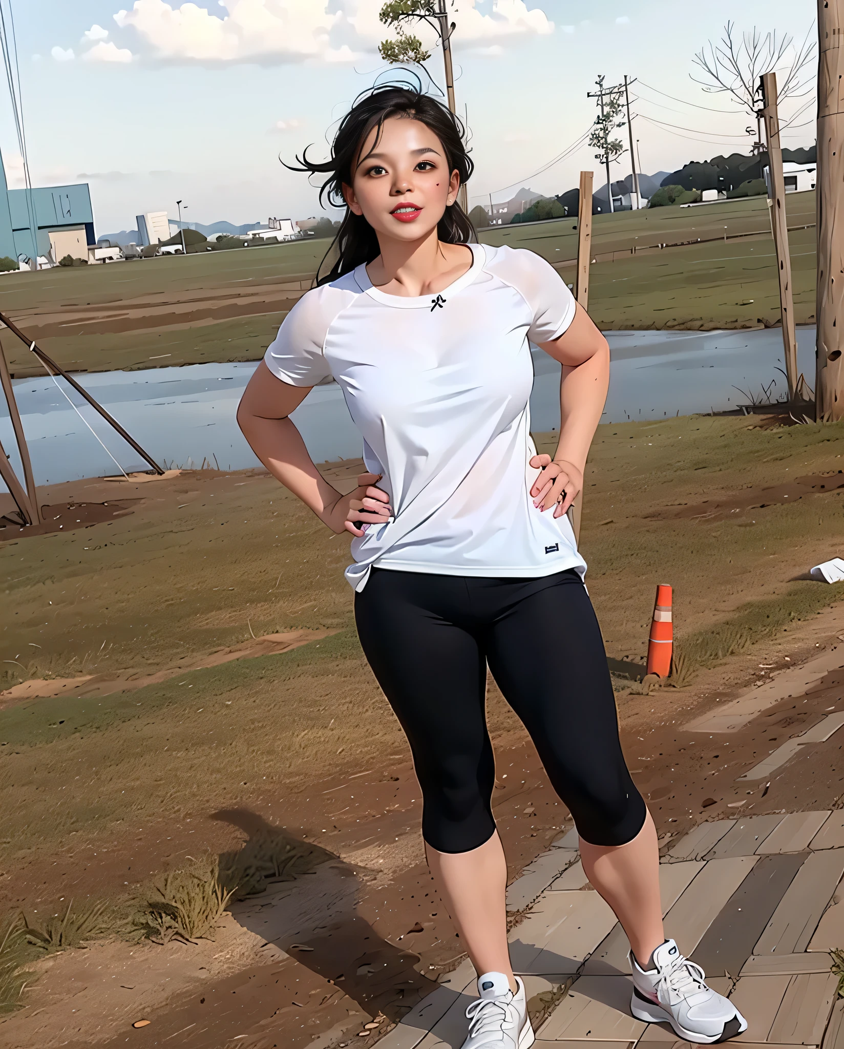 tem uma brasileira parada em um campo, tiro de corpo inteiro, tiro adequado, pose de corrida, tiro de corpo inteiro!!, vestindo roupas esportivas, using gym equipment, In São Paulo, tiro de corpo inteiro. Uma mulher com pele branca e cabelos escuros. ela tem cerca de 35 anos. Her slightly plump, red lips are like a delicate flower, o marrom escuro dela, olhos grandes e encantadores parecem conter um mundo de maravilhas. Corpo fino. cintura fina. Your body exudes glamor and your face is the definition of beauty. Teste, altamente realista, Pele avermelhada, lindo, slightly full lips, batom vermelho, sorridente, feeling of lightness and joy, hiperrealismo, pele muito elaborada, olhar direto. foto de corpo inteiro, foto clara, alta qualidade, high resolution, obra de arte, 8K.