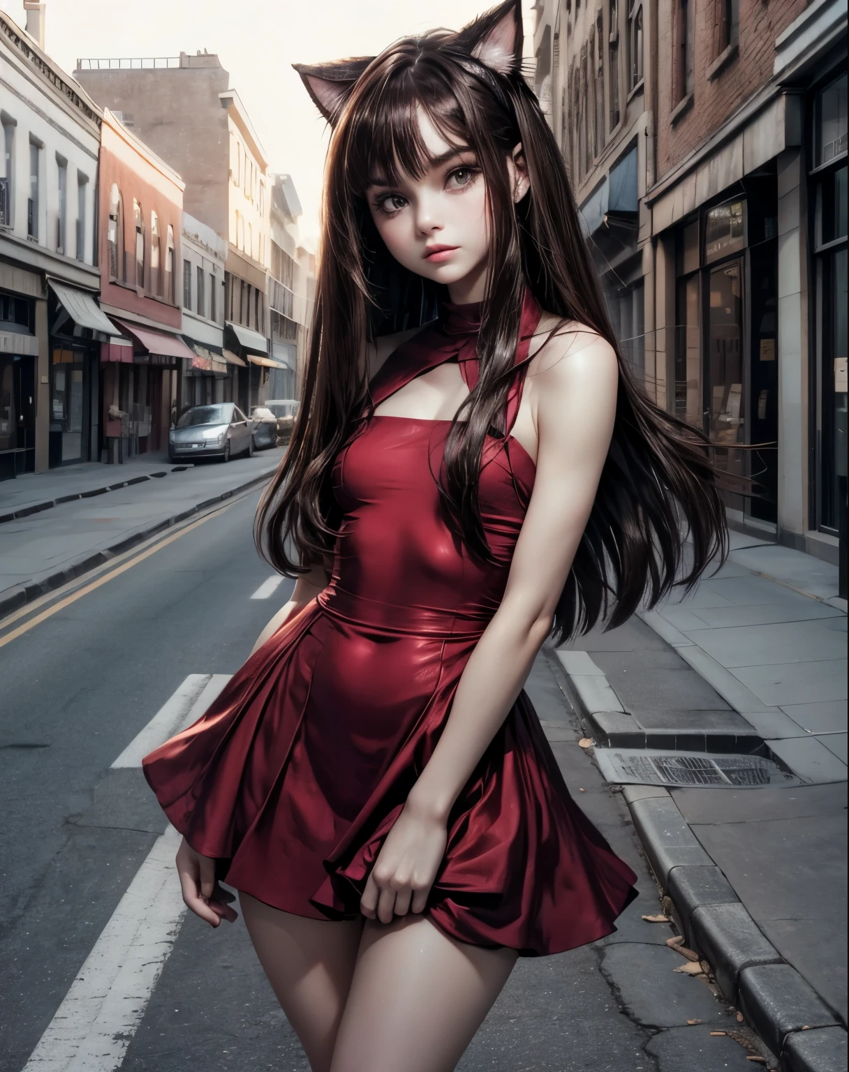 solo, shy, Standing at attention, clear light skin, very long straight brown hair with a dark purple tint, very Young girl, Beautiful Finger, Beautiful long legs, Beautiful body, perfect brown eyes, expressive eyes, looking at viewer, 8k wallpaper, perfect lighting, masterpiece, (Beautiful small Breasts:1.2), (slender girl), rounded face, bangs between the eyes, parororo, (on the street in small town:1.3), band on the head in the form of cat ears, short tight red dress, long disheveled hair, sashagrey