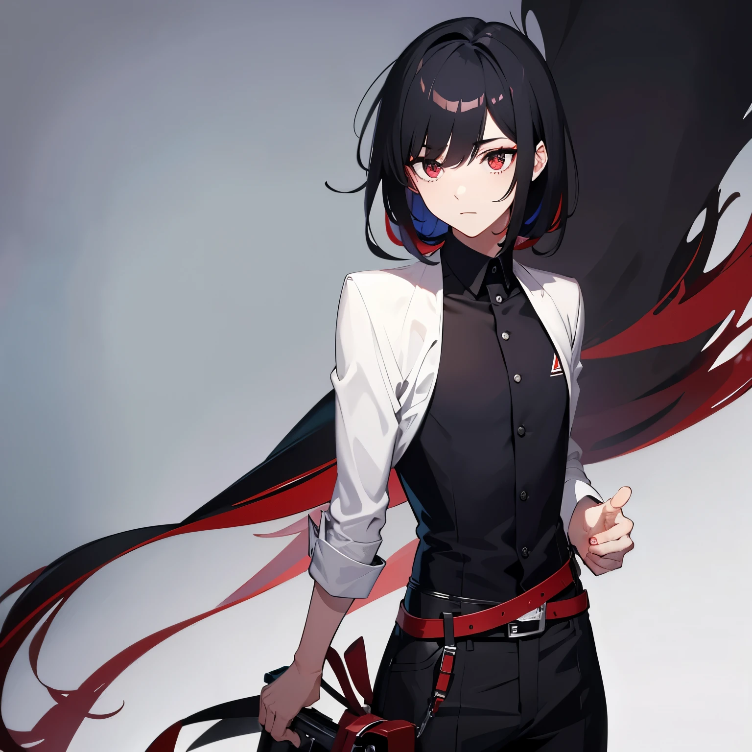 a tall somewhat feminine boy with black hair, red eyes, pale skin, dressed in black pants and a white shirt