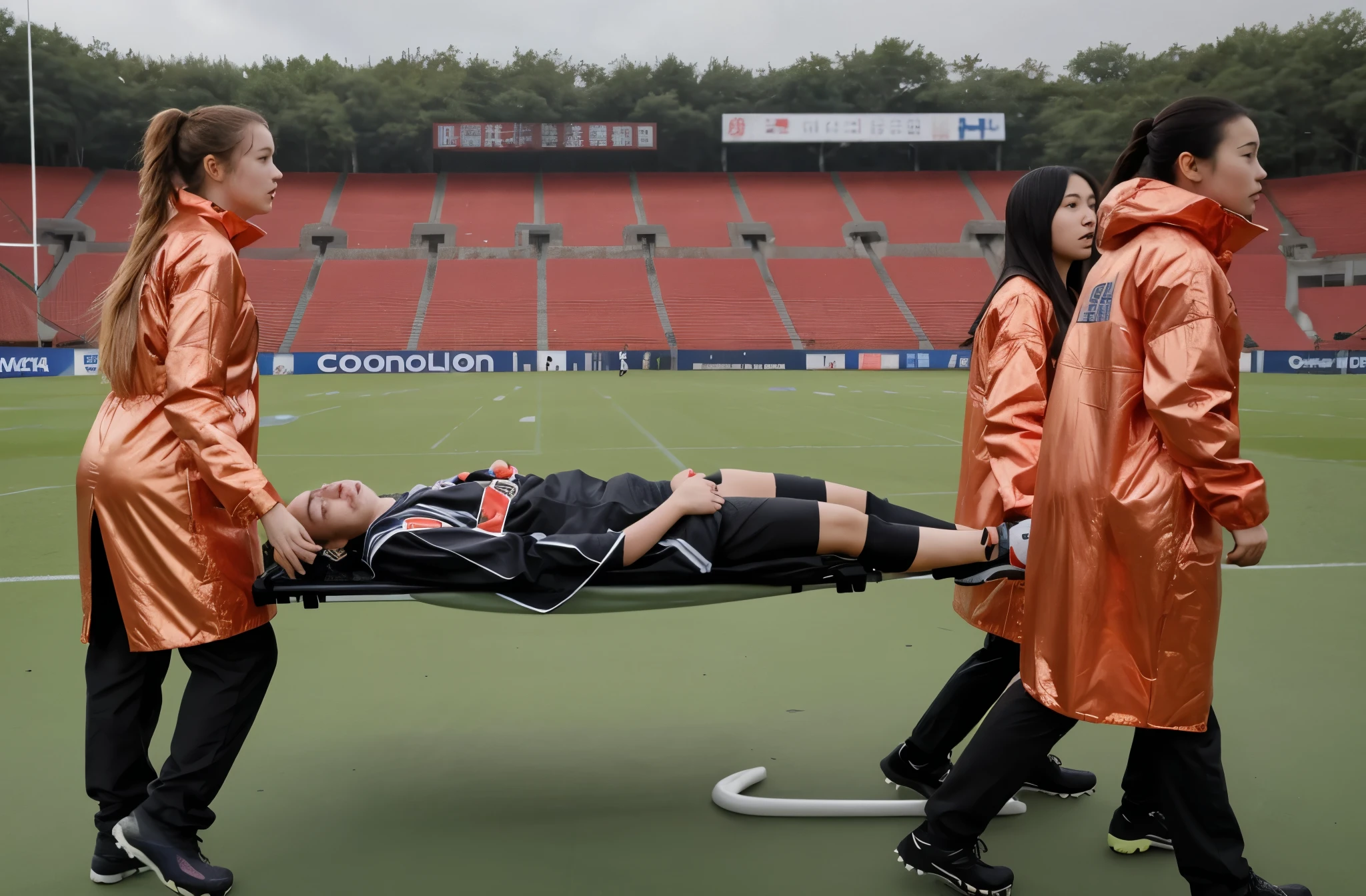Soccer player is taken away on a stretcher, There is a man lying on his back on a stretcher with his hands grabbing his hurting leg, a man in a t-shirt and sports shorts has put his hands on his injured leg, the man has an agonised face looking to the sky, two horny looking longhaired and ponytailed women that are wearing very shiny coats, there are longhaired women with horny faces wearing laquered puffy coats, longhaired women are walking in wetlook puffy coats, several women walking around a football field with an injured athlete on a stretcher, the injured athlete on the stretcher is grabbing his injured leg with both hands, the women look very worried, behind the women there is a frightening atmosphere, there is heavy rainfall in the background, video still, behind the scenes, pity, china, erotic, horny, drama, very shiny orange vinyl fabric