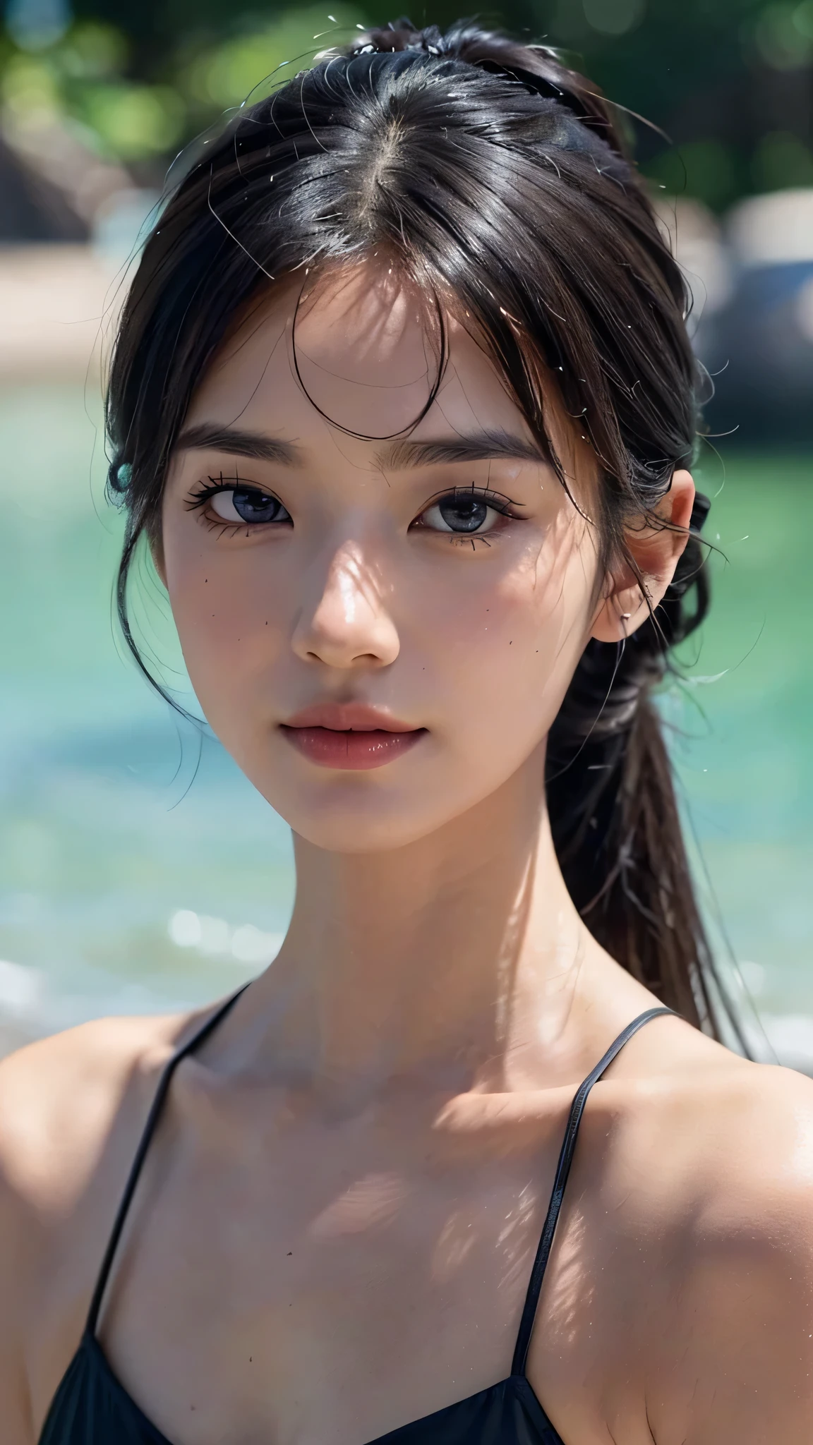 One woman,fully body photo,masutepiece, The highest image quality, High quality, the background is clear,Beautiful woman, Japanese, Detailed, Detailed eyes, Detailed skin, Beautiful skin, 超hight resolution, (reality: 1.4),Very beautiful woman, Slightly younger face, Beautiful skin, slender, (Ultra photo realsisim), (hight resolution), (8K), (Very detailed) (beautifully detailed eyes), (super detailed), (Detailed face), view the viewer, Fine details, Detailed face, Staring straight ahead, Staring straight ahead, photos realistic, Bright lighting, Professional Lighting, Black hair,poneyTail,a baby face,sixteen years old,髪型はponeyTail,ロングのponeyTailの髪型,slight smile,South Island Resorts,sandy beach,swimsuit