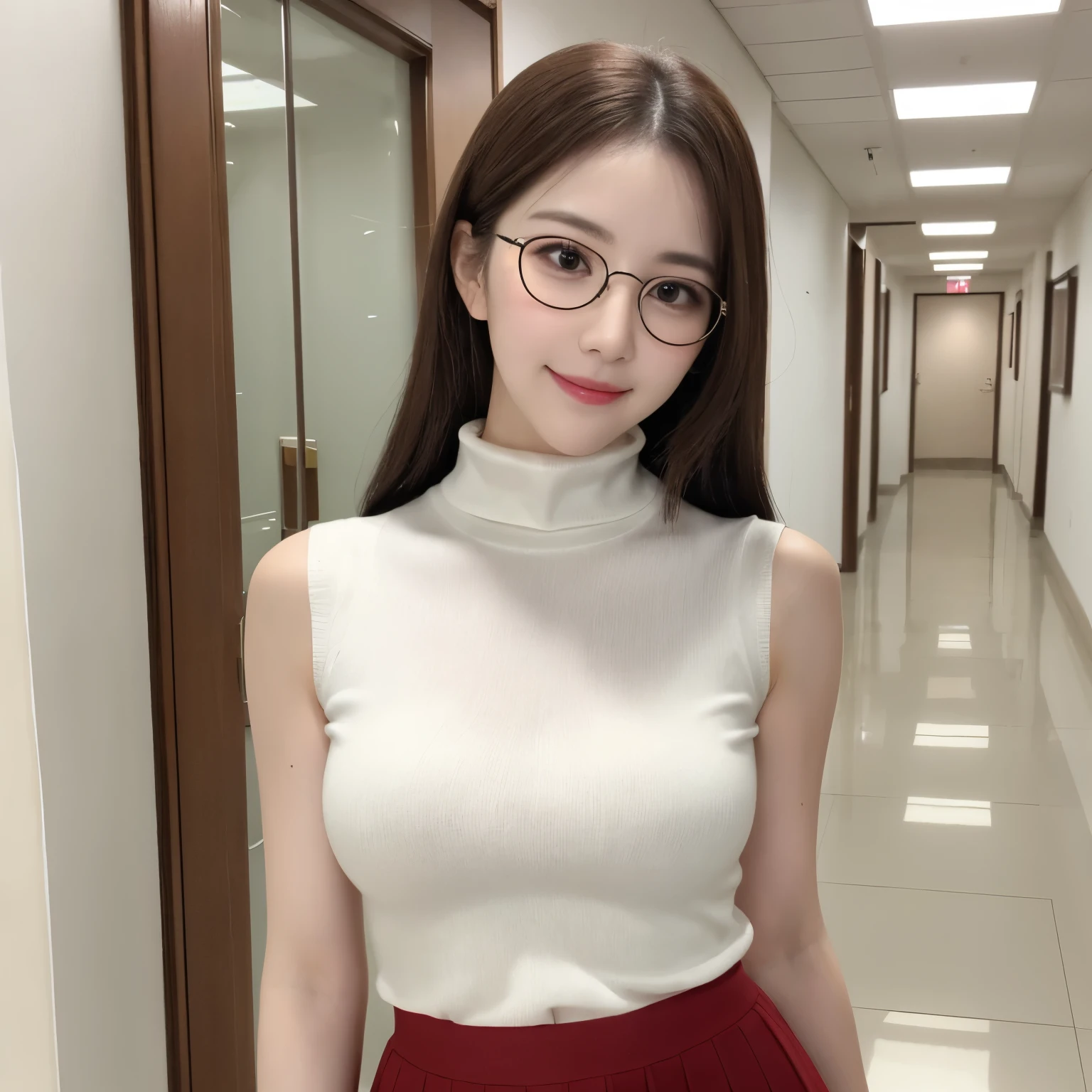 (highest quality、table top、8k、best image quality、Award-winning work)、one beautiful woman、25 years old、(alone:1.1)、perfect beautiful composition、(big and full breasts:1.1)、that'that's right、(emphasize body line:1.1)、(Perfect white turtleneck sleeveless knit sweater:1.2)、(Classy and perfect round glasses:1.2)、(Elegant red melton skirt:1.2)、(full body photo:1.1)、look at me and smile、(Strongly blurred office corridor background:1.1)、stand gracefully、droopy eyes、natural makeup、Ultra high definition beauty face、ultra high definition hair、Super high-definition sparkling eyes、(Super high-definition glowing beautiful skin:1.1)、Super high resolution glossy lips、accurate anatomy、(very bright and vivid:1.2)