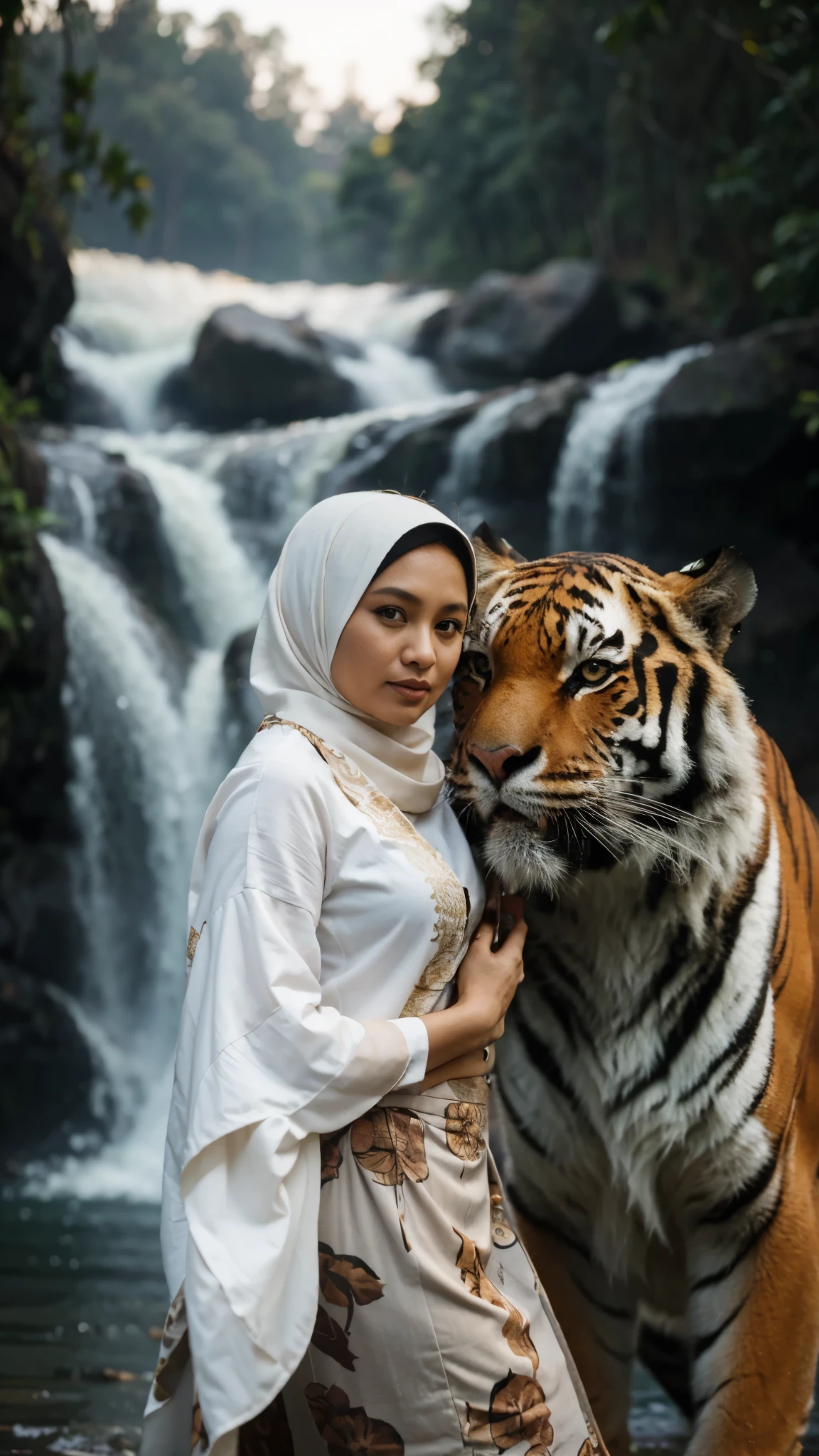 Indonesia woman. 40 year old, batik Hijab, Plump, Tiger. River