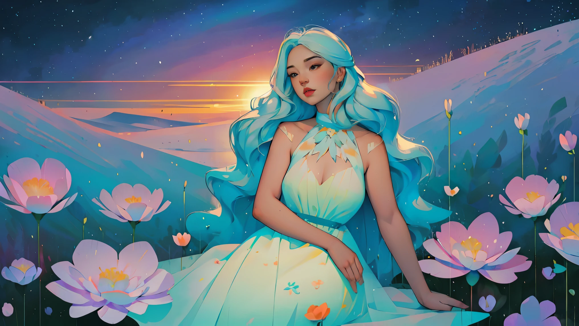 A glorious sunrise, aura, glow, aurora, Spectrum Rainbow, portal, in chic lavender white mint hair, pastel, mixed-language_SMS, (beautiful and clear background:1.2),, fantastic paintings , olhos altamente detalhados, crystals, cosmos, galaxy, Long Hair, Flora Peony, poppy, hydrangea, Plants, Loving, Love, ultra detailed hair, Best Quality, hig quality, high-resolution, detail enhancement, ((most beautiful image in the world)), Masterpiece, Best Quality, detail enhancement, ((most beautiful image ), Shiny hair, ultra chic transparent fluffy layered dress, Prom, Stampa Flores, art by stjepan sejic, art by j scott campbell, art by guillem march, art by citemer liu, 4k, high-resolution, comic book character, comic, high quality detailed, style of ::2.0 comix illustration style,tatoon style, hig quality, high-resolution, detail enhancement, 8K, HD, detail enhancement, 8K, HDR, Sharp focus, Ultra Detailed, Perfect lighting, Curvy Body, Lush breasts, Curvy hips, Sits
