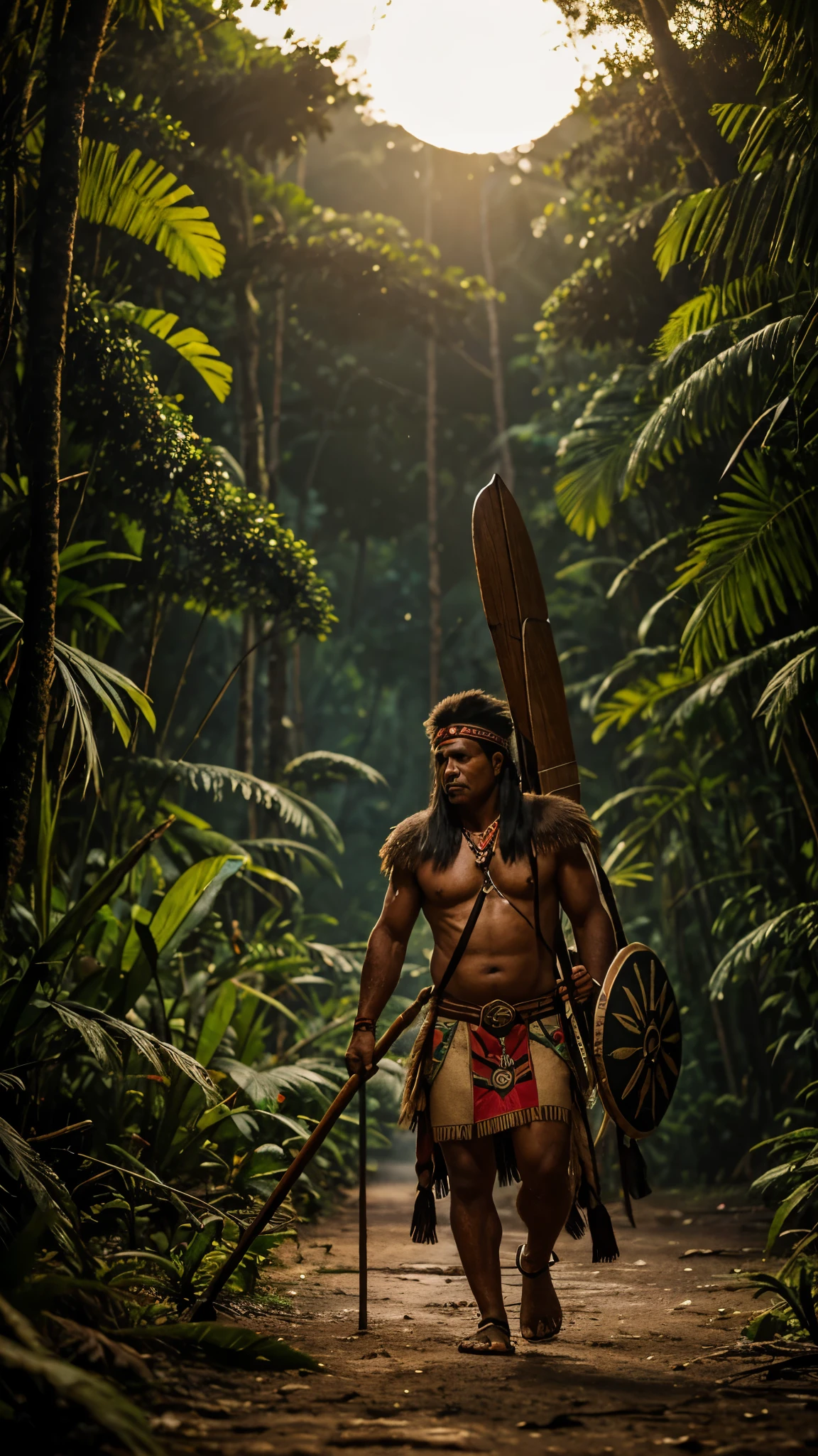 South American indigenous man, com adornos de penas e saiote de palha, com grande mascara de peixe piranha, strong holding a wooden shield and a long spear, pintura facial branca, vermelha e preta. Walking through the Amazon rainforest in a moonlit night. Imagem realista