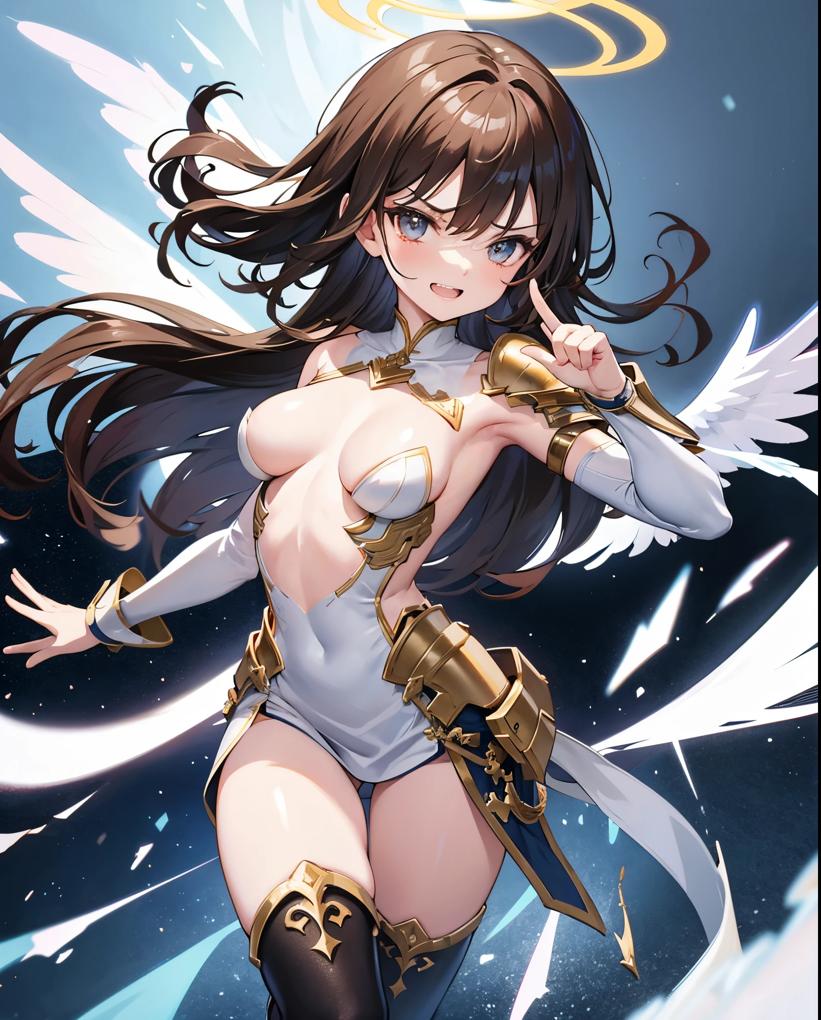 fantasy, 1angel_girl,, ,brown_hair, medium_bob_hair, long_bangs, halo,bare_shoulder,thighhighs,silver_armor, waist_armor, large_breasts,angry,grinning,open_mouth_teeth, 1pair_wings, dynamic_pose_fighting,floating, bare_crotch, headgear,gauntlet, greaves,city_sky_background,slightly_spread_legs, solo, groin_naked,