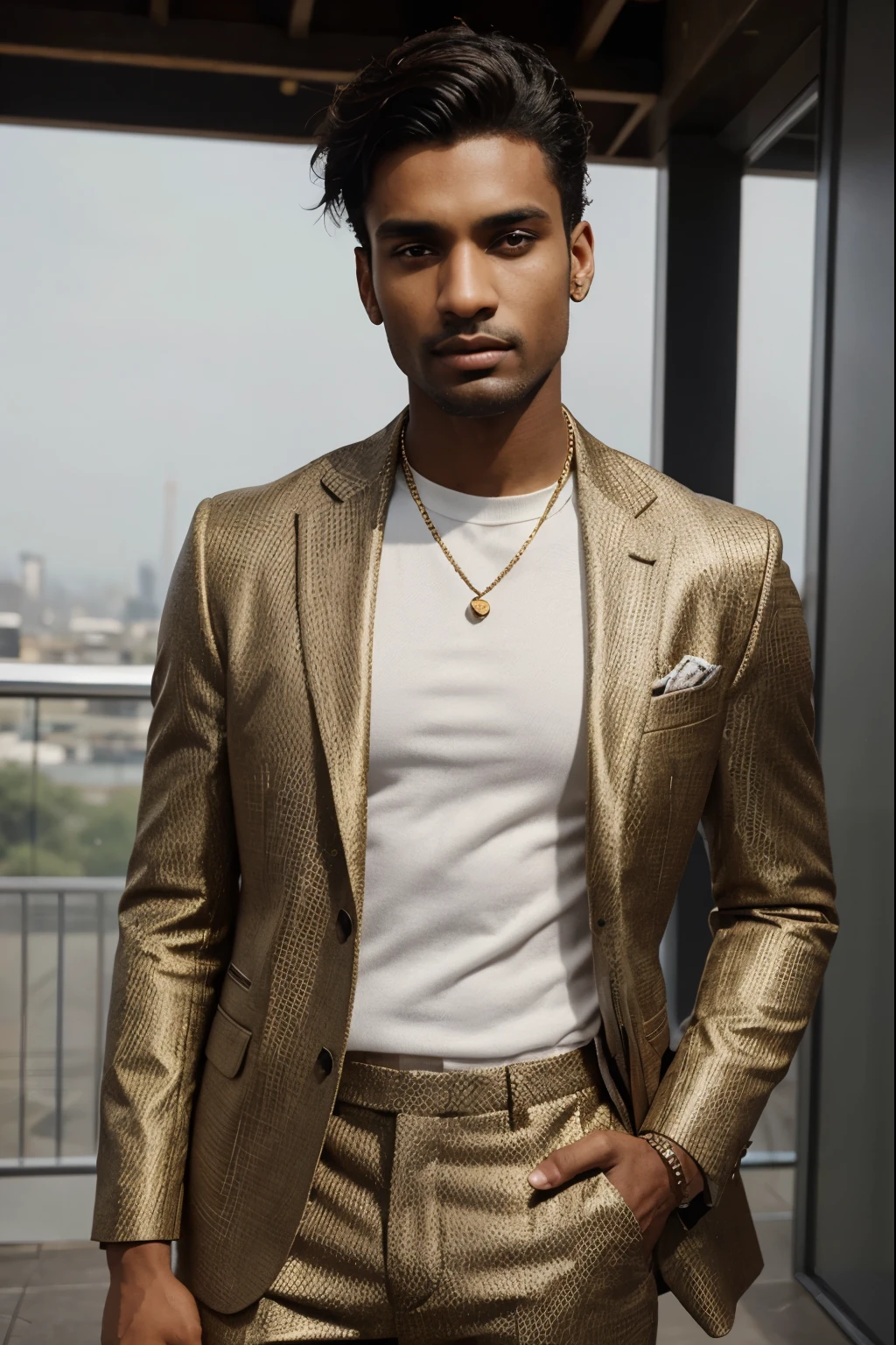 : Malik is a fashion model and aspiring actor, known for his striking presence on the runway and his magnetic charm in front of the camera.Appearance: Malik possesses a commanding presence and a chiseled jawline that exudes confidence and masculinity. His deep brown eyes are intense and soulful, capturing the attention of everyone around him. Malik's skin has a warm, golden hue that complements his features, and he often sports a well-groomed beard that adds to his rugged appeal. His hair is cropped short and styled with precision, adding to his polished and sophisticated look.Style: Malik's style is effortlessly cool and always on-trend. Whether he's rocking a tailored suit for a high-fashion editorial or a casual streetwear look for a brand campaign, he always brings his own unique flair to every outfit. Malik isn't afraid to push boundaries with his fashion choices, experimenting with bold patterns, unexpected textures, and statement accessories that showcase his individuality and confidence.
