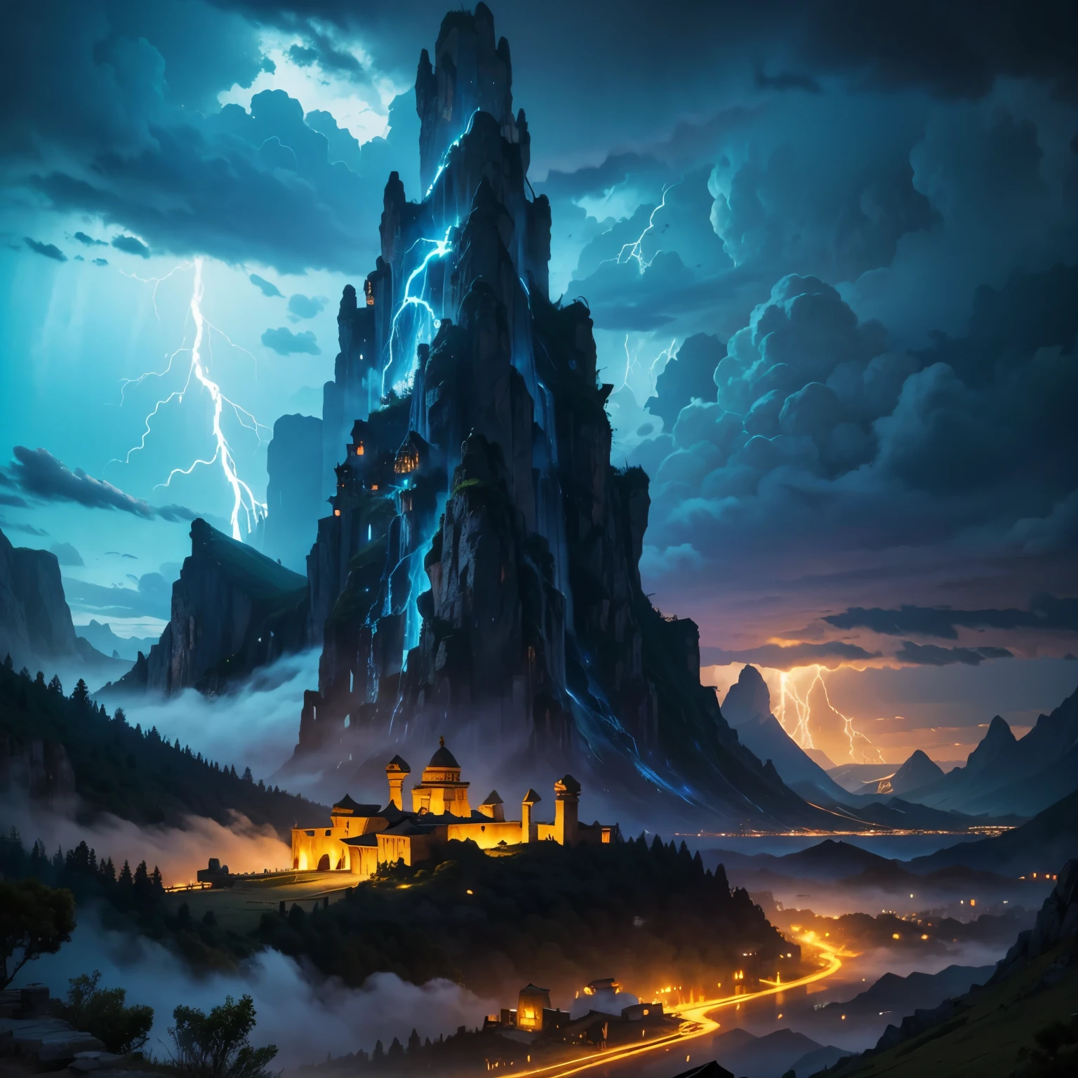 ancient city in the mountains, clouds , storm, evil, lightning, cursed lands, piece of paradise, Masterpiece, high quality,