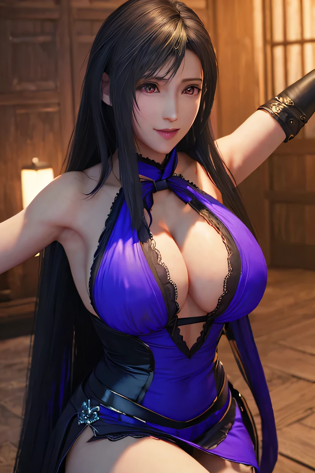 (highest quality:1.4) ,unreal engine,masterpiece, super resolution,(realistic: 1.4), highest quality, very delicate and beautiful, High resolution,eye cloth,kissing face, 1 girl, Tifa_lock heart, smile, black hair, long hair, purple dress, huge breasts: 1.2), dynamic pose, dynamic angle