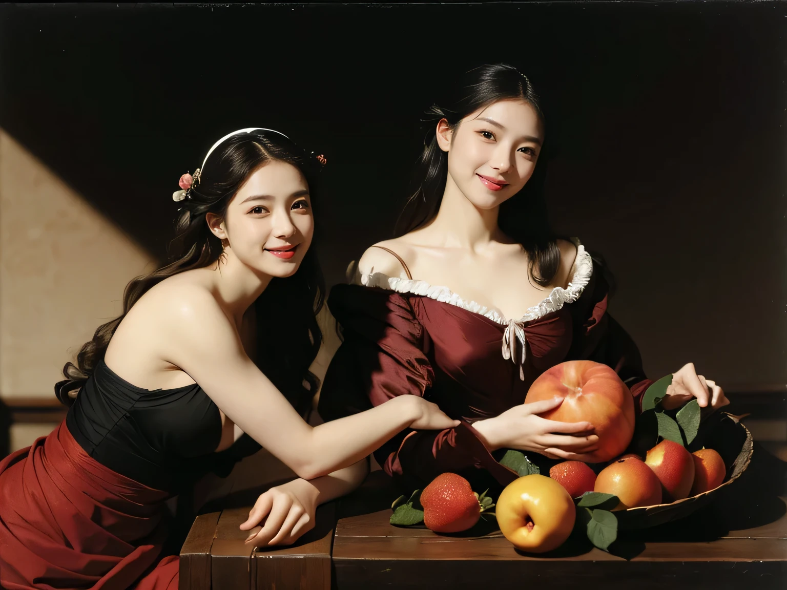 full body portrait ,fruits,Rose ,flower,Rosa,antique,A smile,,Sweet and seductive appearance.、Caravaggio's paintings、Chiaroscuro of Caravaggio,Two women frolicking,Cute smile, Expression of ecstasy