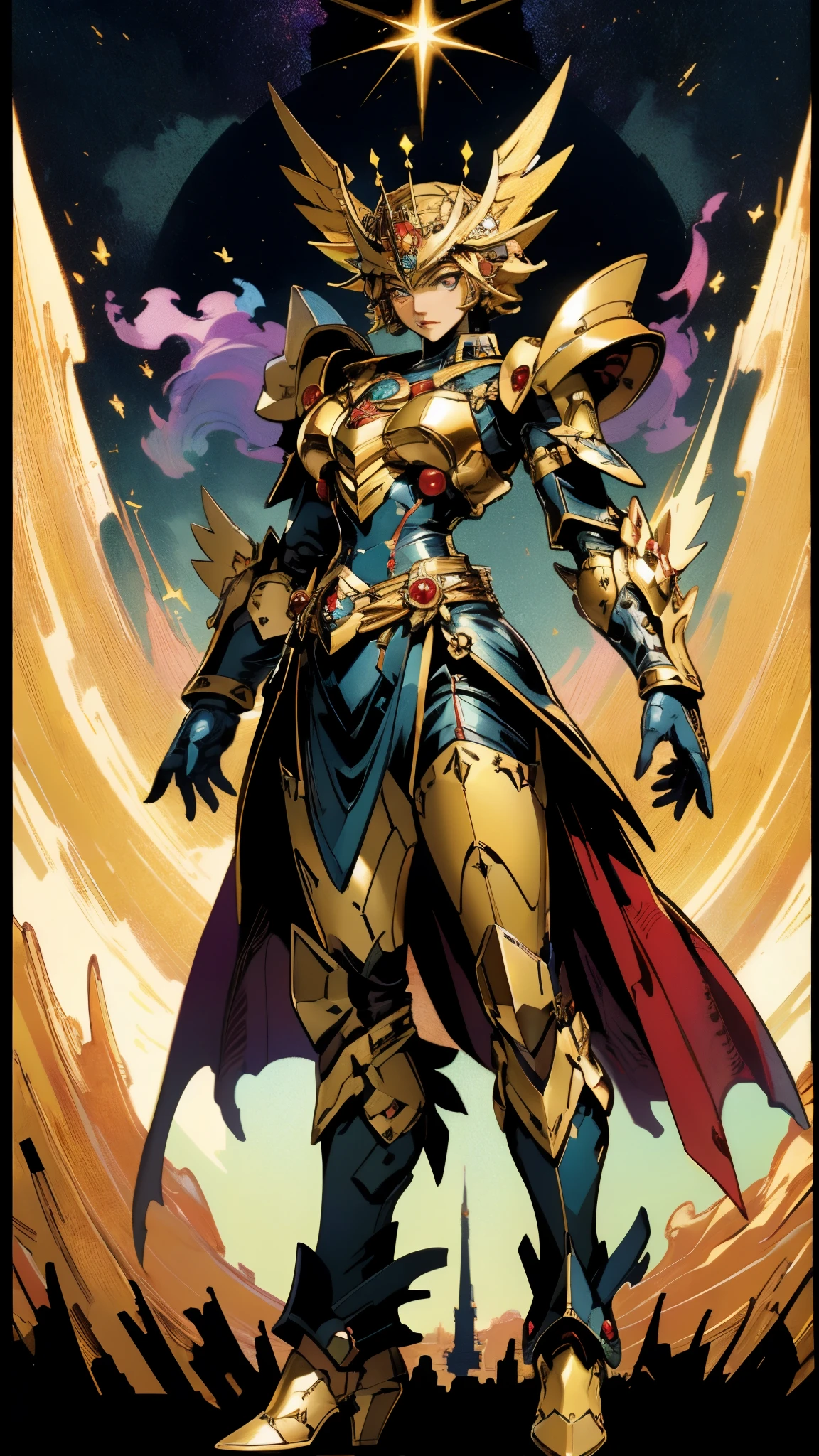 A woman adorned in fantasy-style full-body armor, a crown-concept fully enclosed helmet that unveils only her eyes, a composite layered chest plate, fully encompassing shoulder and hand guards, a lightweight waist armor, form-fitting shin guards, the overall design is heavy-duty yet flexible, (the armor gleams with a golden glow, complemented by red and blue accents), exhibiting a noble aura, she floats above a fantasy-surreal high-tech city, this character embodies a finely crafted fantasy-surreal style armored hero in anime style, exquisite and mature manga art style, (mixture of Queen bee and Spider concept Armor, plasma), ((Element, elegant, goddess, femminine:1.5)), metallic, high definition, best quality, highres, ultra-detailed, ultra-fine painting, extremely delicate, professional, anatomically correct, symmetrical face, extremely detailed eyes and face, high quality eyes, creativity, RAW photo, UHD, 32k, Natural light, cinematic lighting, masterpiece-anatomy-perfect, masterpiece:1.5