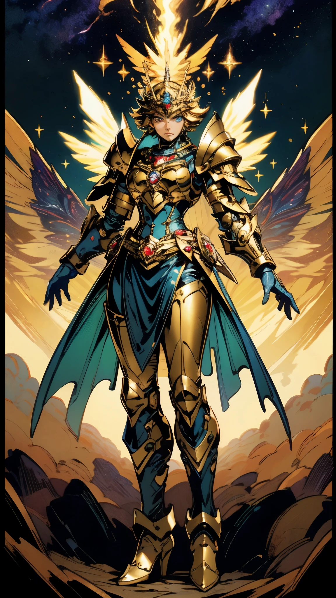 A woman adorned in fantasy-style full-body armor, a crown-concept fully enclosed helmet that unveils only her eyes, a composite layered chest plate, fully encompassing shoulder and hand guards, a lightweight waist armor, form-fitting shin guards, the overall design is heavy-duty yet flexible, (the armor gleams with a golden glow, complemented by red and blue accents), exhibiting a noble aura, she floats above a fantasy-surreal high-tech city, this character embodies a finely crafted fantasy-surreal style armored hero in anime style, exquisite and mature manga art style, (mixture of Queen bee and Spider concept Armor, plasma), ((Element, elegant, goddess, femminine:1.5)), metallic, high definition, best quality, highres, ultra-detailed, ultra-fine painting, extremely delicate, professional, anatomically correct, symmetrical face, extremely detailed eyes and face, high quality eyes, creativity, RAW photo, UHD, 32k, Natural light, cinematic lighting, masterpiece-anatomy-perfect, masterpiece:1.5