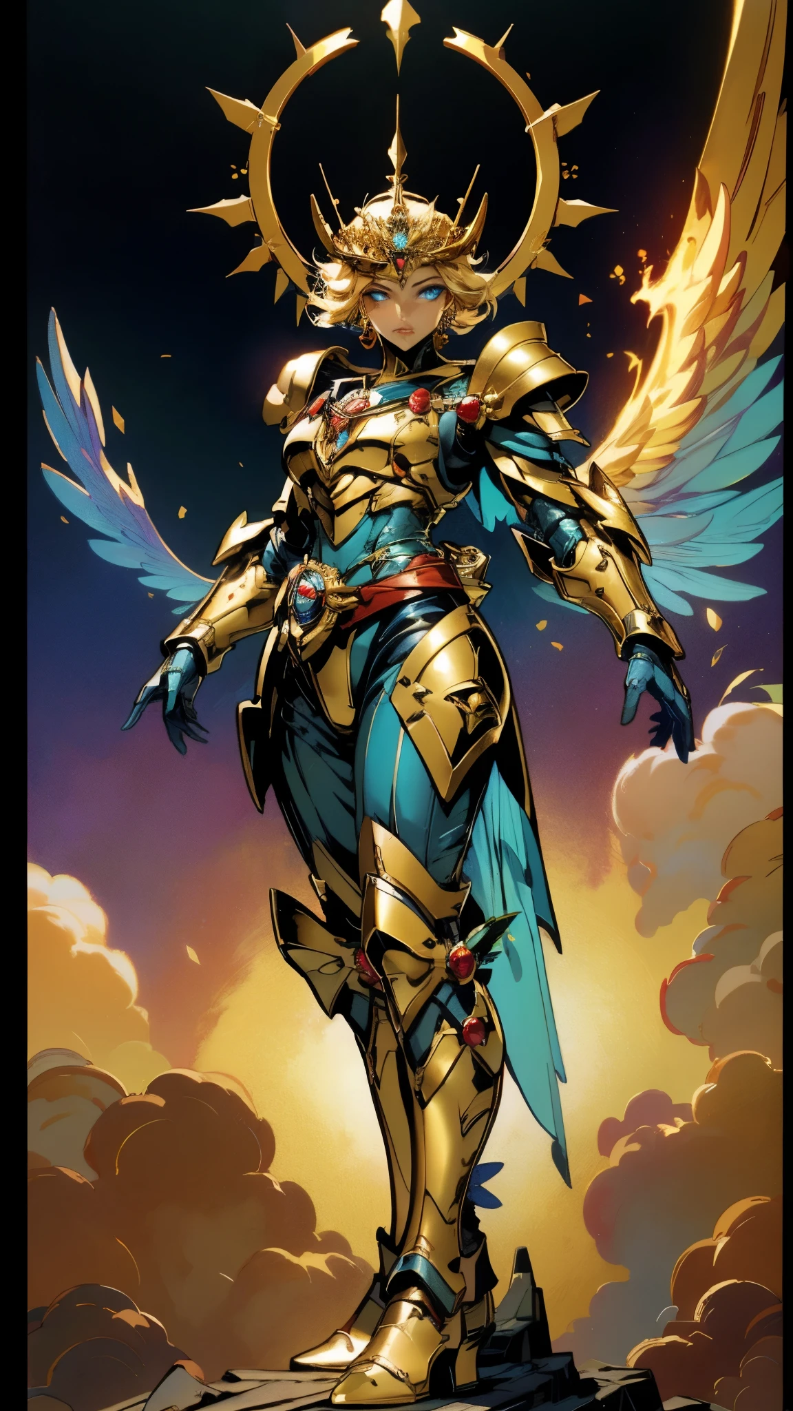 A woman adorned in fantasy-style full-body armor, a crown-concept fully enclosed helmet that unveils only her eyes, a composite layered chest plate, fully encompassing shoulder and hand guards, a lightweight waist armor, form-fitting shin guards, the overall design is heavy-duty yet flexible, (the armor gleams with a golden glow, complemented by red and blue accents), exhibiting a noble aura, she floats above a fantasy-surreal high-tech city, this character embodies a finely crafted fantasy-surreal style armored hero in anime style, exquisite and mature manga art style, (mixture of Queen bee and Spider concept Armor, plasma), ((Element, elegant, goddess, femminine:1.5)), metallic, high definition, best quality, highres, ultra-detailed, ultra-fine painting, extremely delicate, professional, anatomically correct, symmetrical face, extremely detailed eyes and face, high quality eyes, creativity, RAW photo, UHD, 32k, Natural light, cinematic lighting, masterpiece-anatomy-perfect, masterpiece:1.5