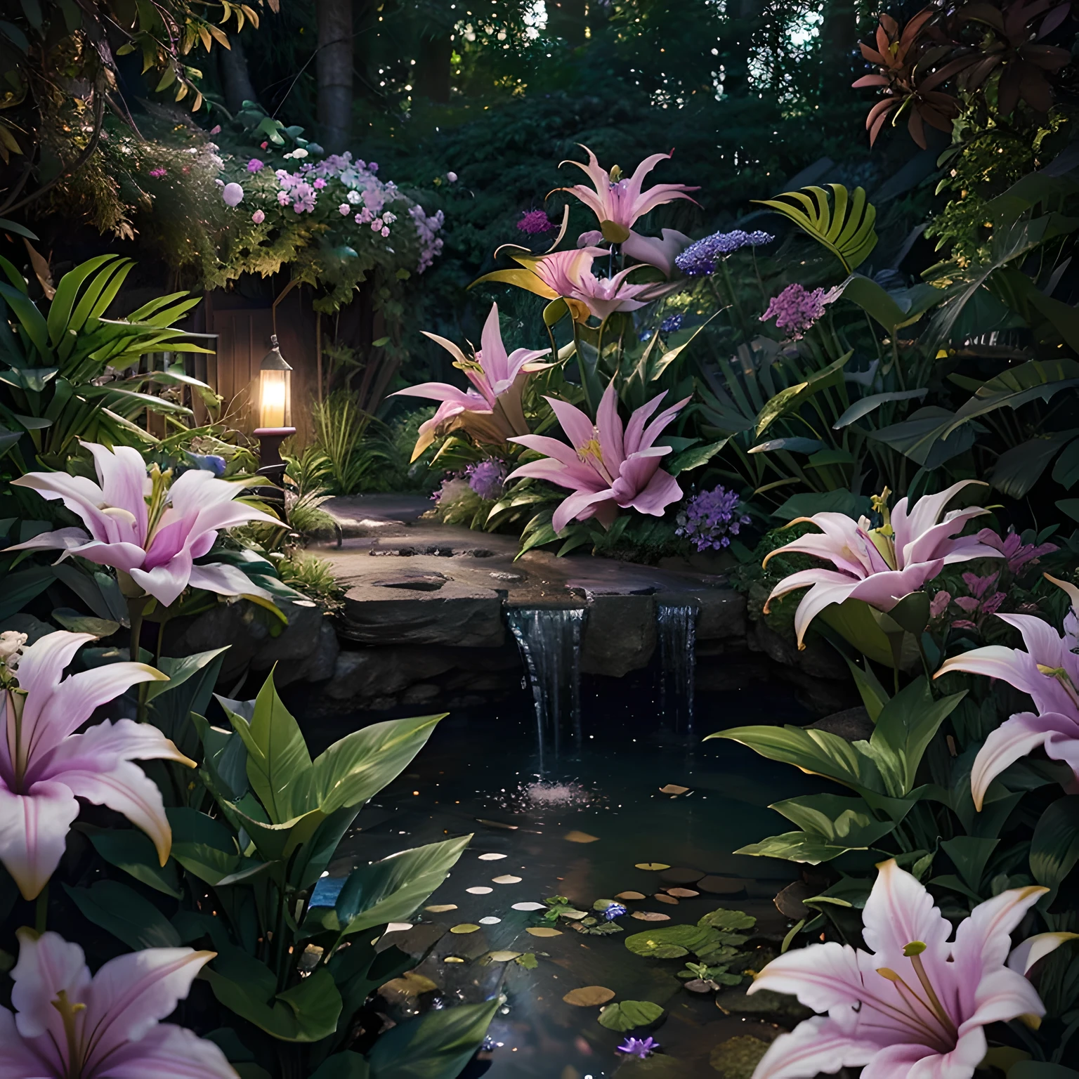 lush plantlife, real, detailed, 8k, high quality, an enchanting and dreamy scene of fantasy/alien forest, lillies, creating a sense of mystique and enchantment, blues and purples, garden, water, flowers, depth of field photorealist, crystals, geodes
