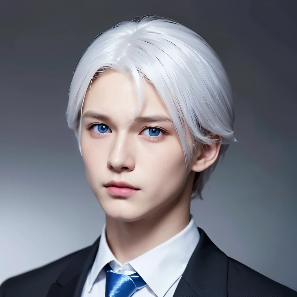 Boy, white hair, blue eyes, serious sharp features, white skin, school uniform, at school