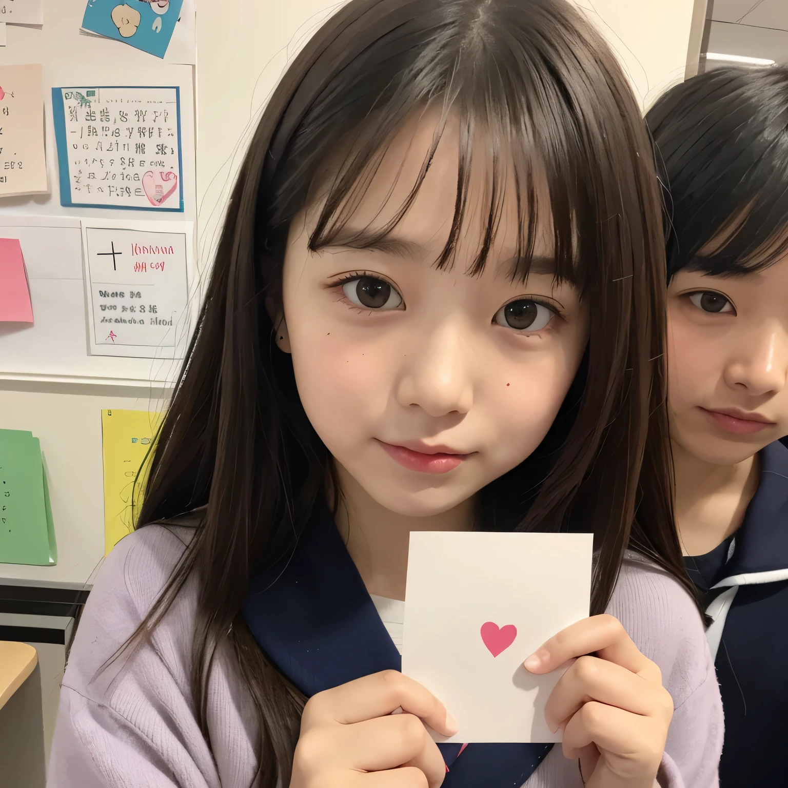 realistic pictures、Highest品質、ultra high resolution、Professional specifications、((とてもロリなprimary school studentが手紙を差し出す))、(((Hold the letter with both hands)))、school classroom、sailor suit、primary school student、lolicon、Highest、10 years old、love confession、pink square letters、embarrassing、blush、
