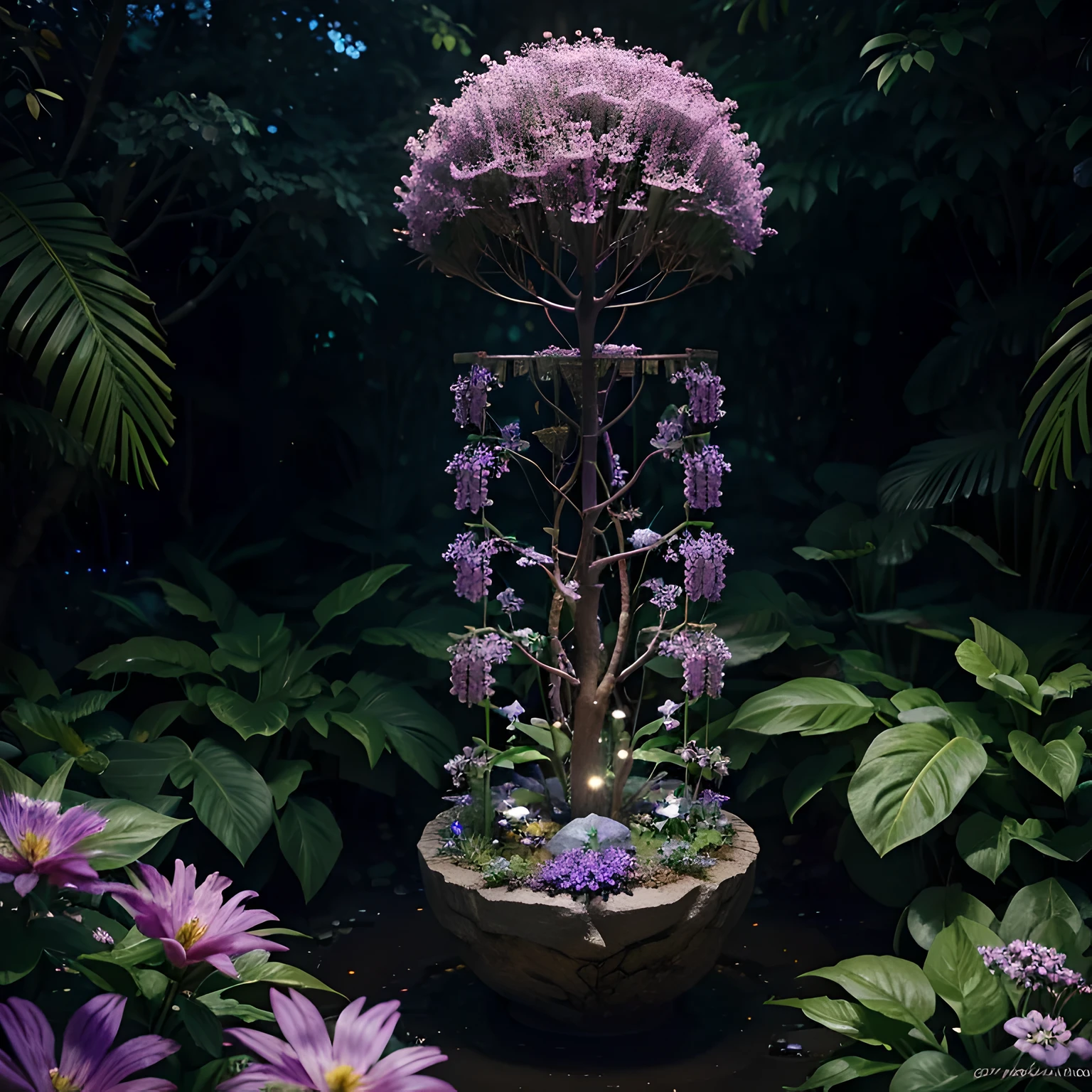 lush plantlife, real, detailed, 8k, high quality, an enchanting and dreamy scene of alien forest, alien flowers, creating a sense of mystique and enchantment, blues and purples, garden, water, flowers, depth of field photorealist, crystals, geodes
