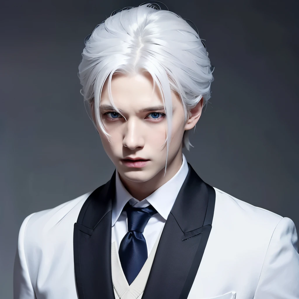 Boy, white hair, blue eyes, serious sharp features, white skin, school uniform, at school