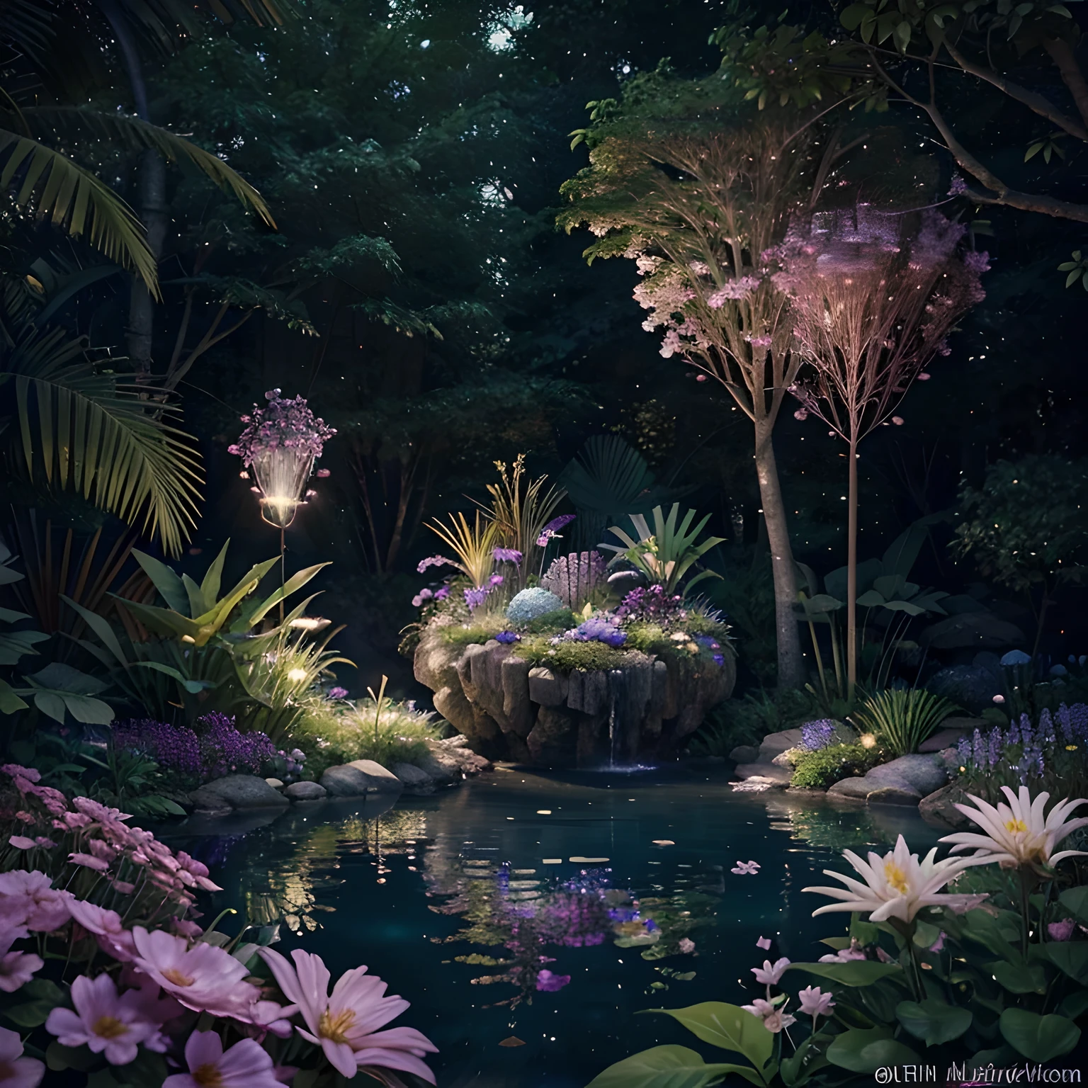 lush plantlife, real, detailed, 8k, high quality, an enchanting and dreamy scene of alien forest, alien flowers, creating a sense of mystique and enchantment, blues and purples, garden, water, flowers, depth of field photorealist, crystals, geodes, floating islands