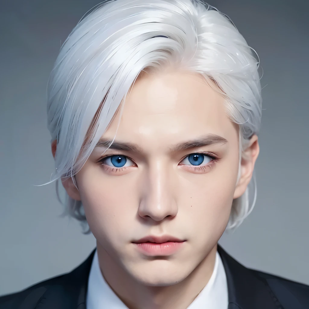 Boy, white hair, blue eyes, serious sharp features, white skin, school uniform, at school