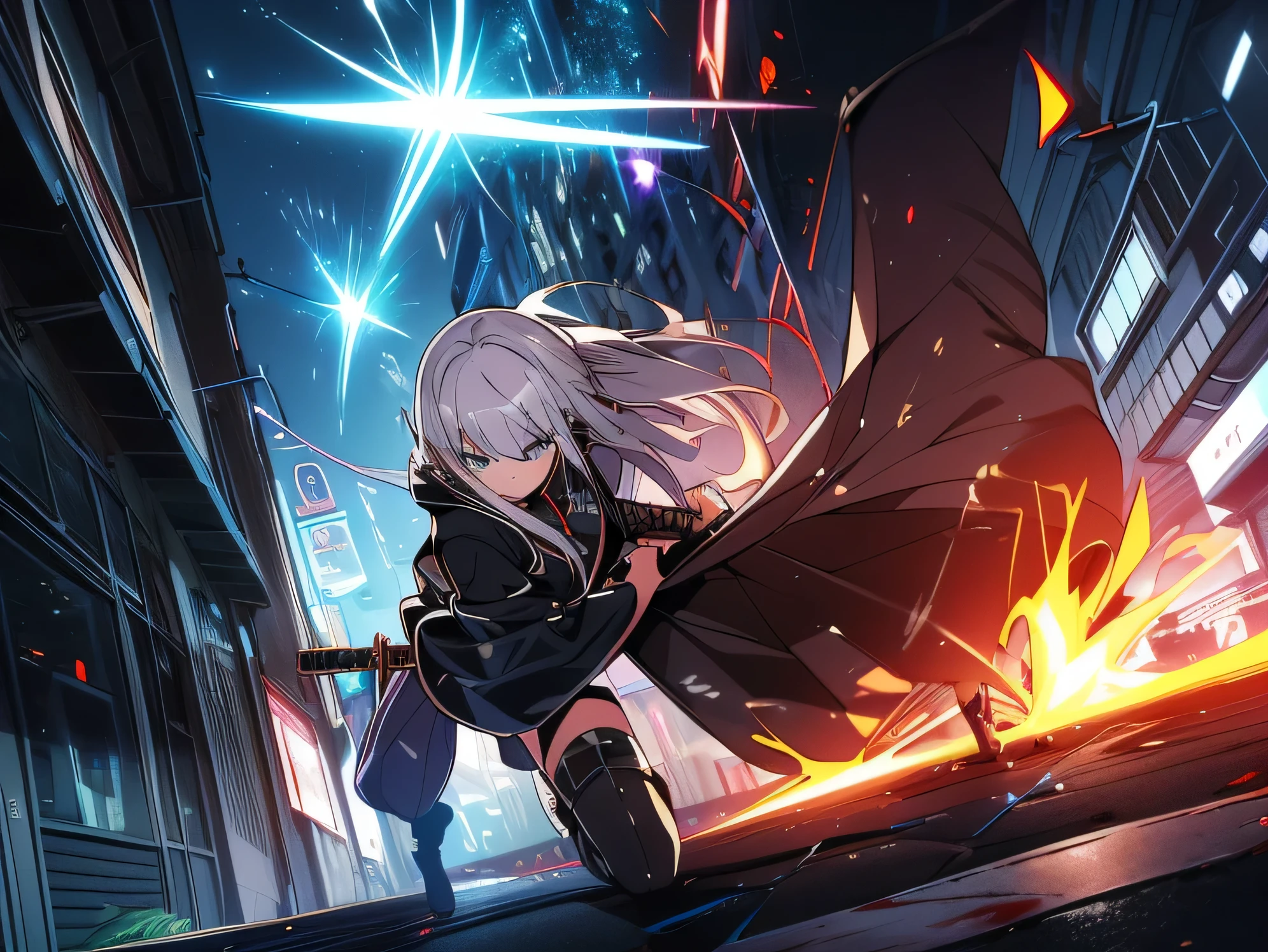 ((highest quality)), ((highest resolution)), ((masterpiece)), ((Super detailed)), 1 girl, white skin, silver hair, long hair, blue eyes, cool look, black and red (8:2) hoodie, gray roll-up shorts and belt, Black pants stockings, black short boots, low stance, Fight, Japan held up a sword, Japanese sword swinging down towards the demon, blood splatter, midnight, city, city, bevel, tense, action, full length, dynamic angle Japanese sword swinging and slashing at demon, blood splatter, midnight, city, urban, bevel, tension, action, full length, dynamic angle,anime taste,red effect, intense sparks flying.