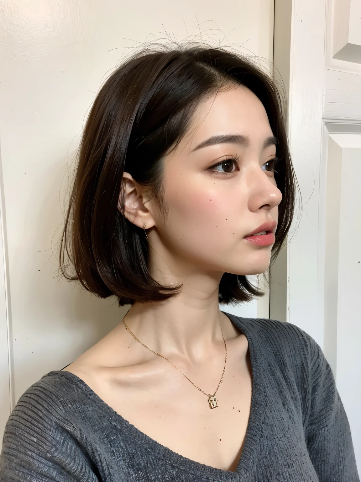 white wall、Taken in front of the white door、(窓のあるwhite wallの部屋)、shot in natural light、Highly detailed facial and skin textures、very delicate lips、The correct state of the human body、ultra high resolution、(Realism:1.4)、highest quality, 1 beautiful woman, 28 years old, s, 35mm lens、light blue knit、(Dark brown medium short hair cat)、A black-haired one、Japanese woman with bob、(Dark brown hair)、various postures、Don't look at the camera、contour、natural color lips、autumn clothes、winter clothes、 necklace