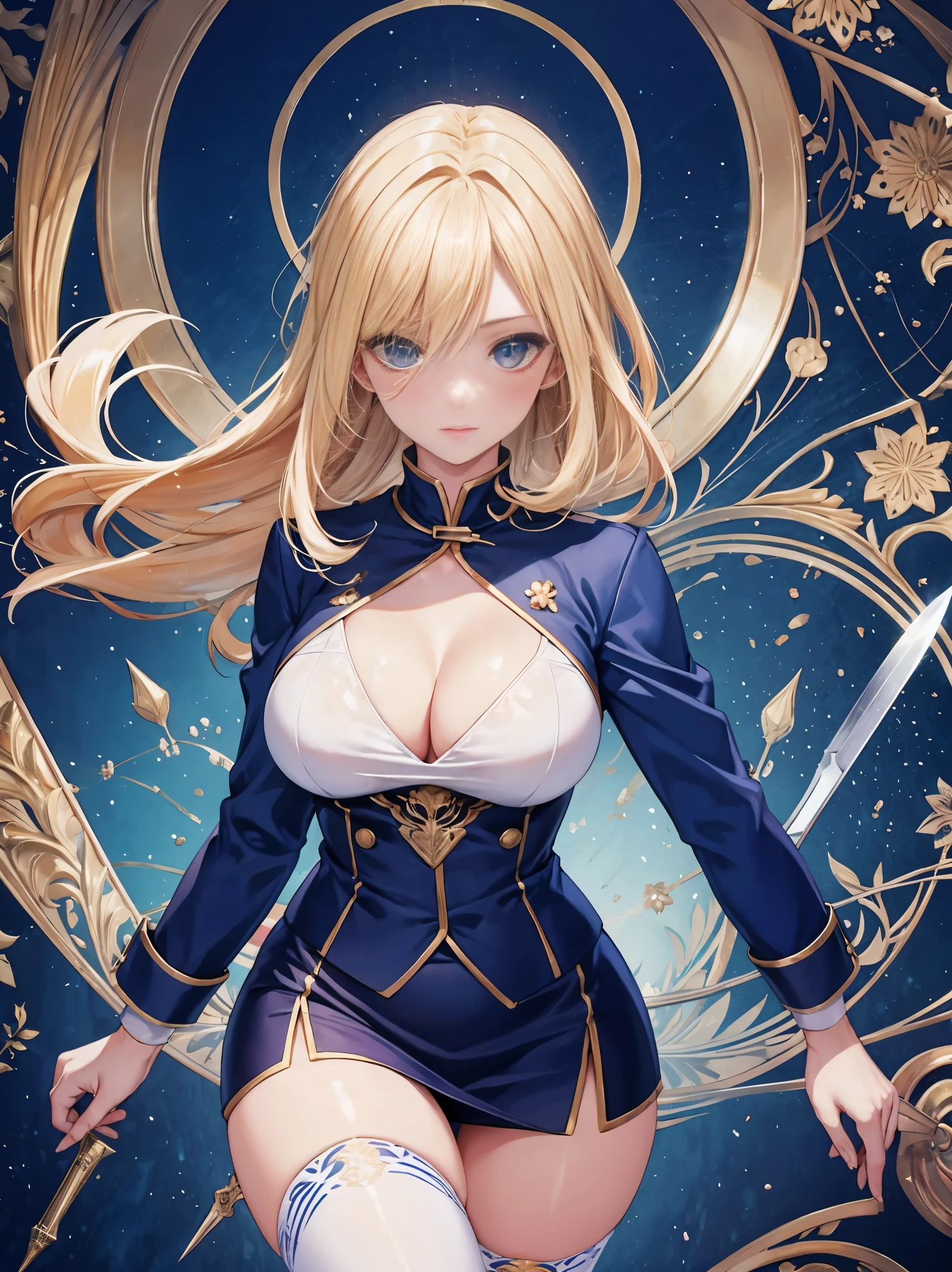european girl,alone,25 years old,beautiful face,complicated eye explanation,Very slender body,Big breasts,blonde,hair above one eye,(medium side cut, blonde hair,),sharp focus,business suit,above knee socks,Ultramarine mandala background,Very beautiful hands,knife